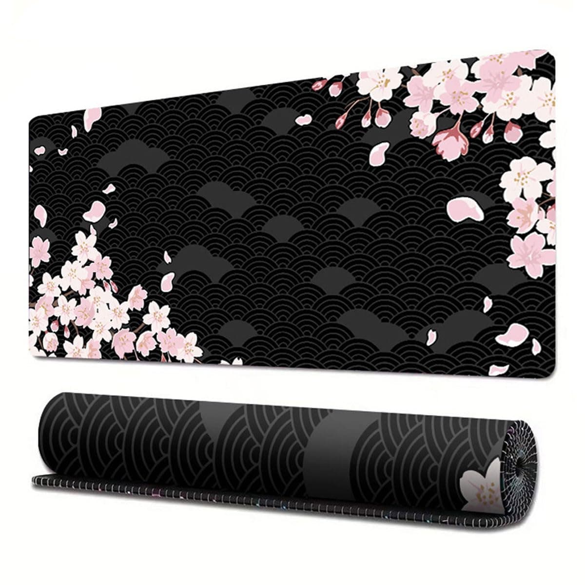 ECVV Gaming Mouse Pad XL - 80x30cm Large Mouse Mat with Anti-Slip Rubber Base for Keyboard and Mouse, for Home and Office(Black Wave Cherry Blossoms)