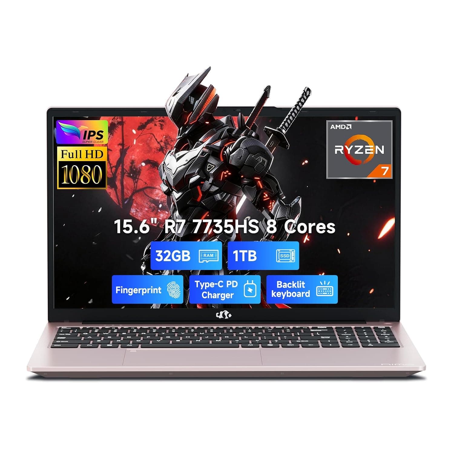 NIMO Light-Gaming-Laptop, 15.6" FHD Computer with 8-Core R7 7735HS 32GB DDR5 RAM 1TB SSD (Up to 4.75GHz, Beat i7-12650H) Radeon 680M GPU 100W Type-C 180° View for Business and School, 2Y Warranty