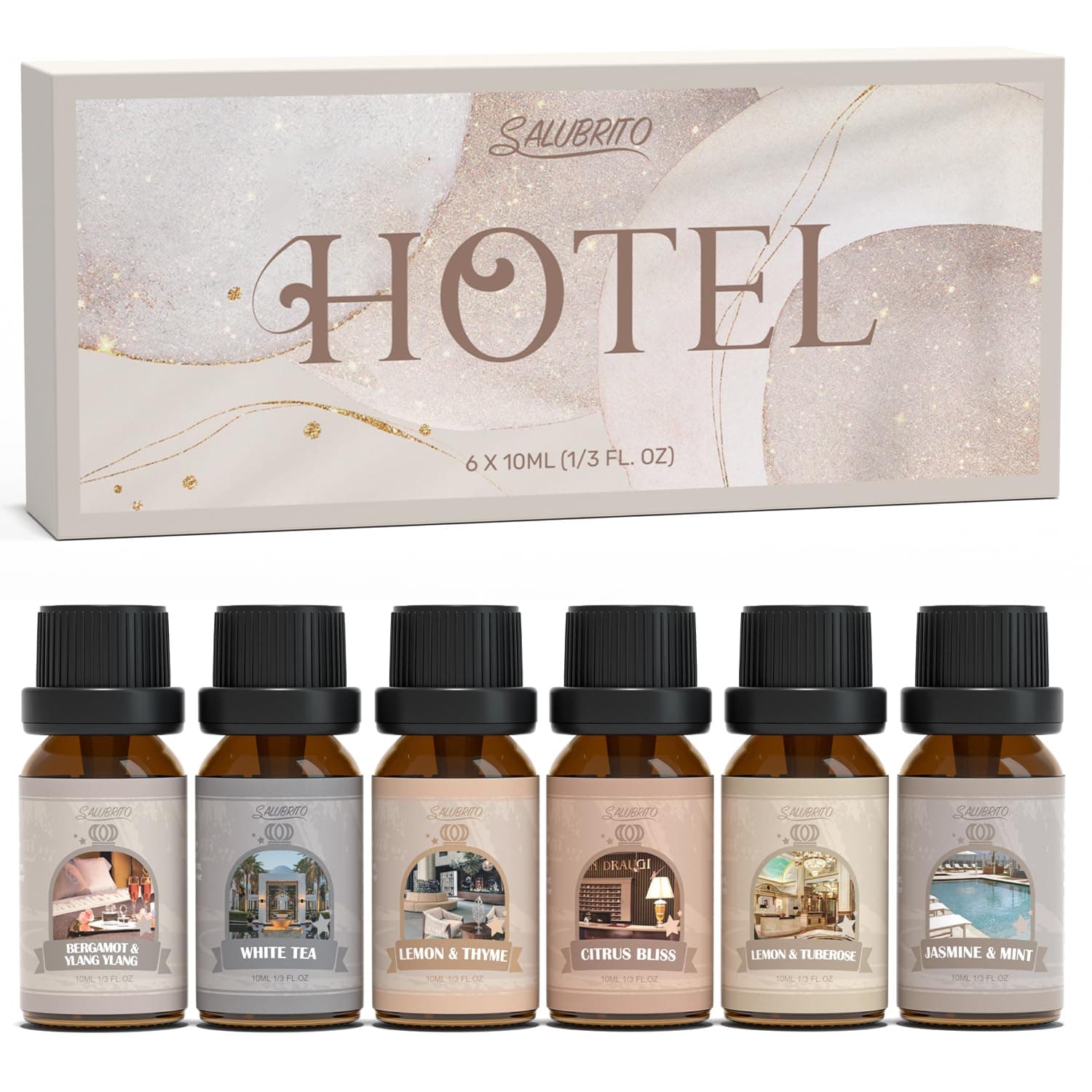 SALUBRITO Hotel Fragrance Oil Set, Luxury Essential Oil Set for Diffuser, Candle, Soap Making Scents, Luxury Night, White Tea, Lemon & Thyme, Citrus Bliss, Hotel Lobby, Jasmine & Mint, Strong Scented