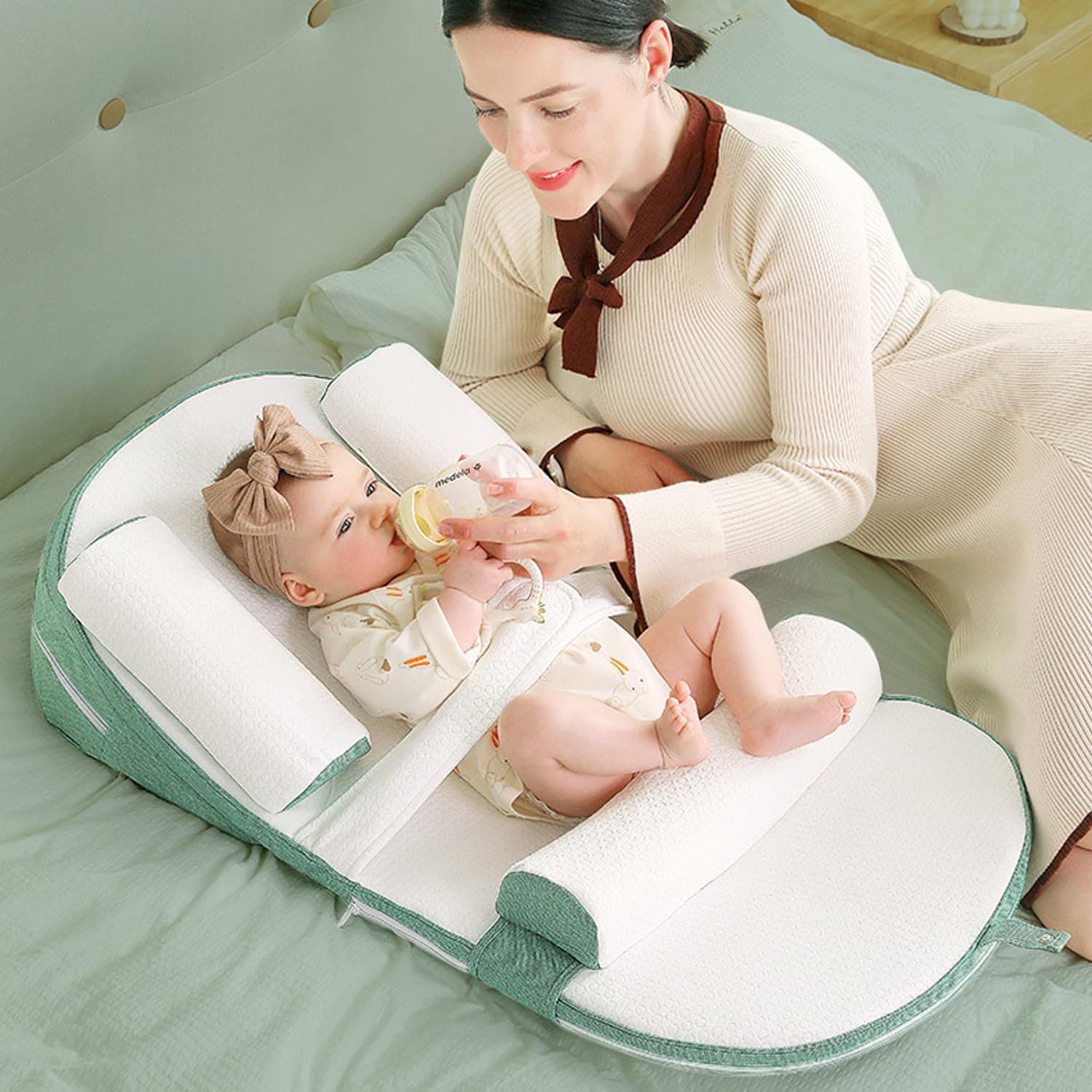 Winsoyya Baby Lounger, Baby Nest Ultra Soft, Travel Bed, Anti Reflux Pillow, 0-30°Height Adjustable Relieves Vomiting Milk, Portable Durable and Washable (green)