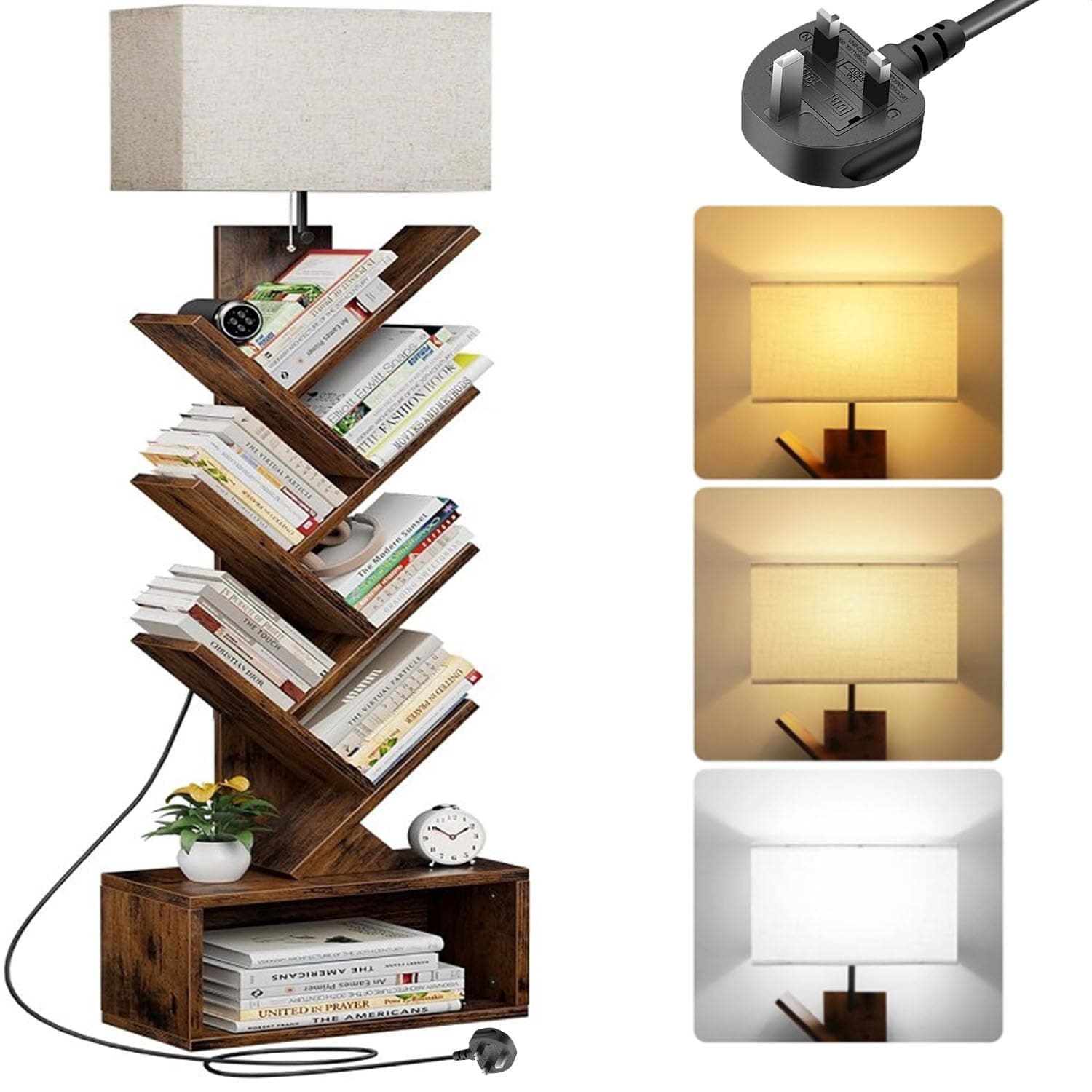 6 Tier Tree Bookshelf with Light, Corner Display Bookshelf with 3 Color Lamp, Tall Floor Standing Book Organizer with Storage Cabinet for Living Room, Bedroom (Brown)