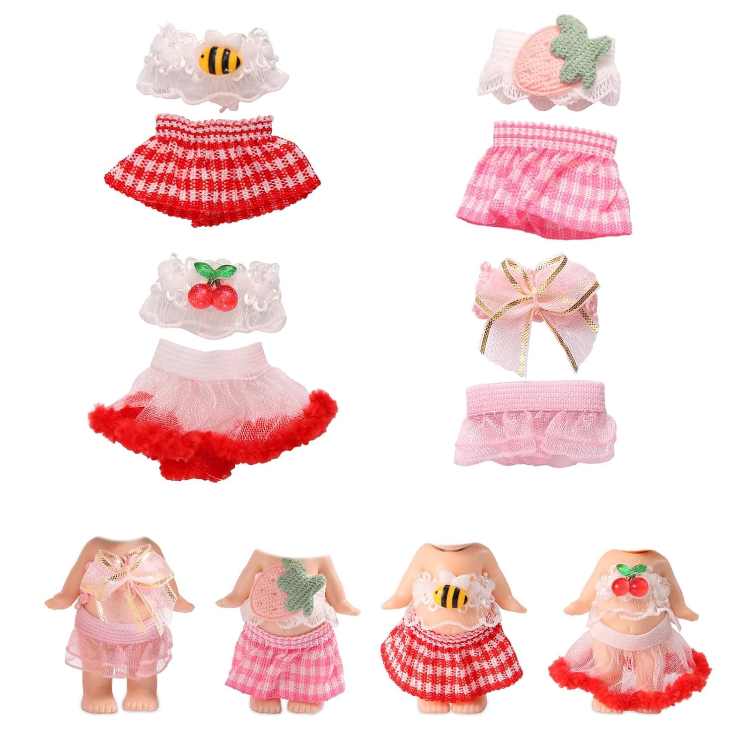 4 Sets 3 Inch Doll Clothes for Sonny Angel, Cute Collectible Doll Accessories Include Tops & Skirts for Adult Collector Gift Decoration & Display (Cherry, Strawberry, Bee, Butterfly) | Cute, Include Tops & Skirts, for Adult Collector Gift Decoration & Display, Cherry, Bee, Butterfly