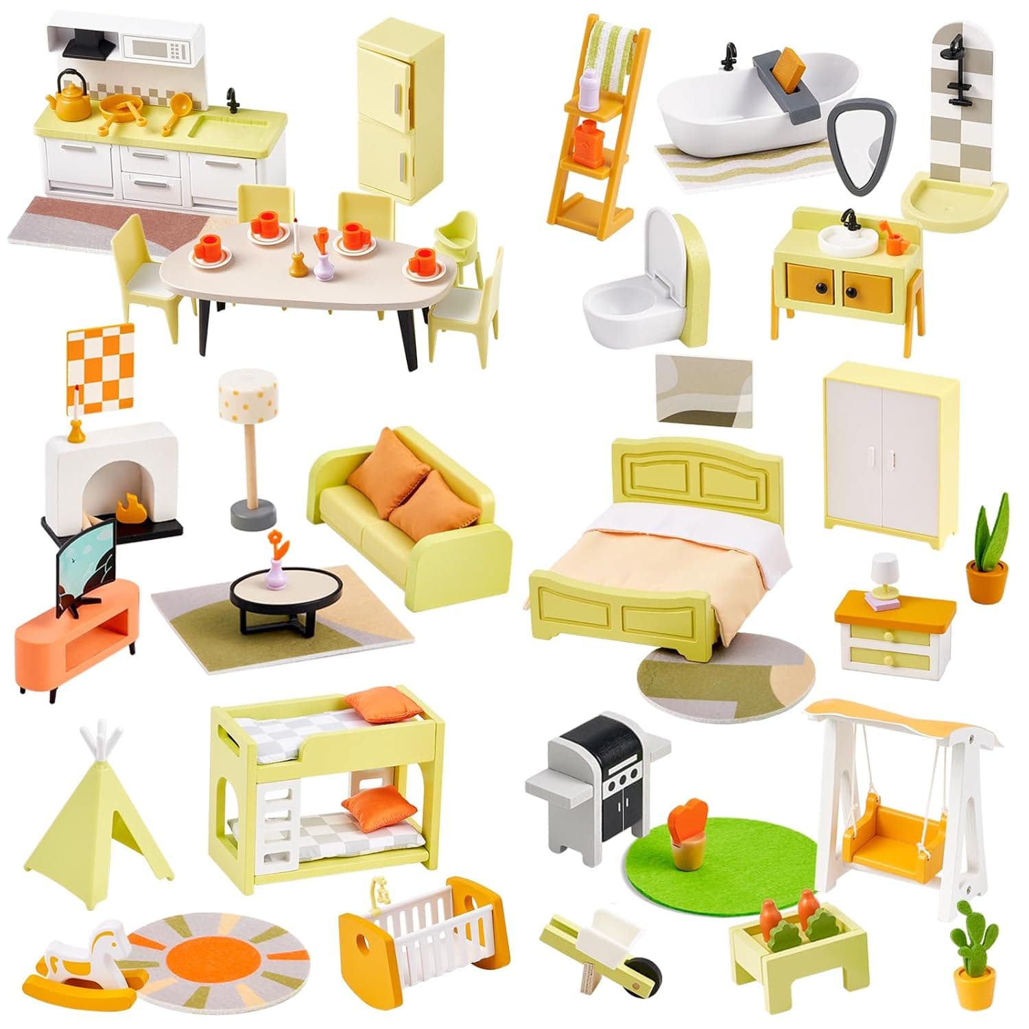 Giant bean Dollhouse Furniture Wooden Set, 85 Pieces Modern Dollhouse with 6 Rooms, Doll Accessories Toy for Boys, Girls and Toddlers 3+ Years