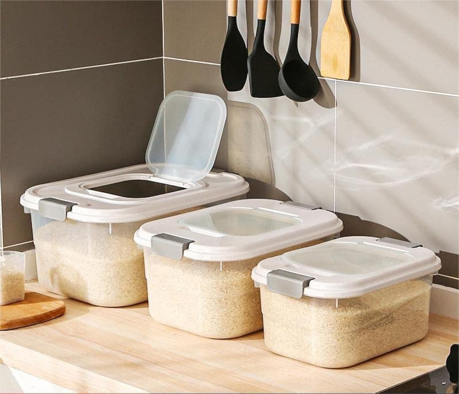 JKJ&ZXZ Rice Storage Container, Household Rice Barrel, Clear Plastic Grain barrel 3 PCS set(5kg, 7.5kg, 12.5kg) with sending measuring cups,Kitchen multifunctional grain container