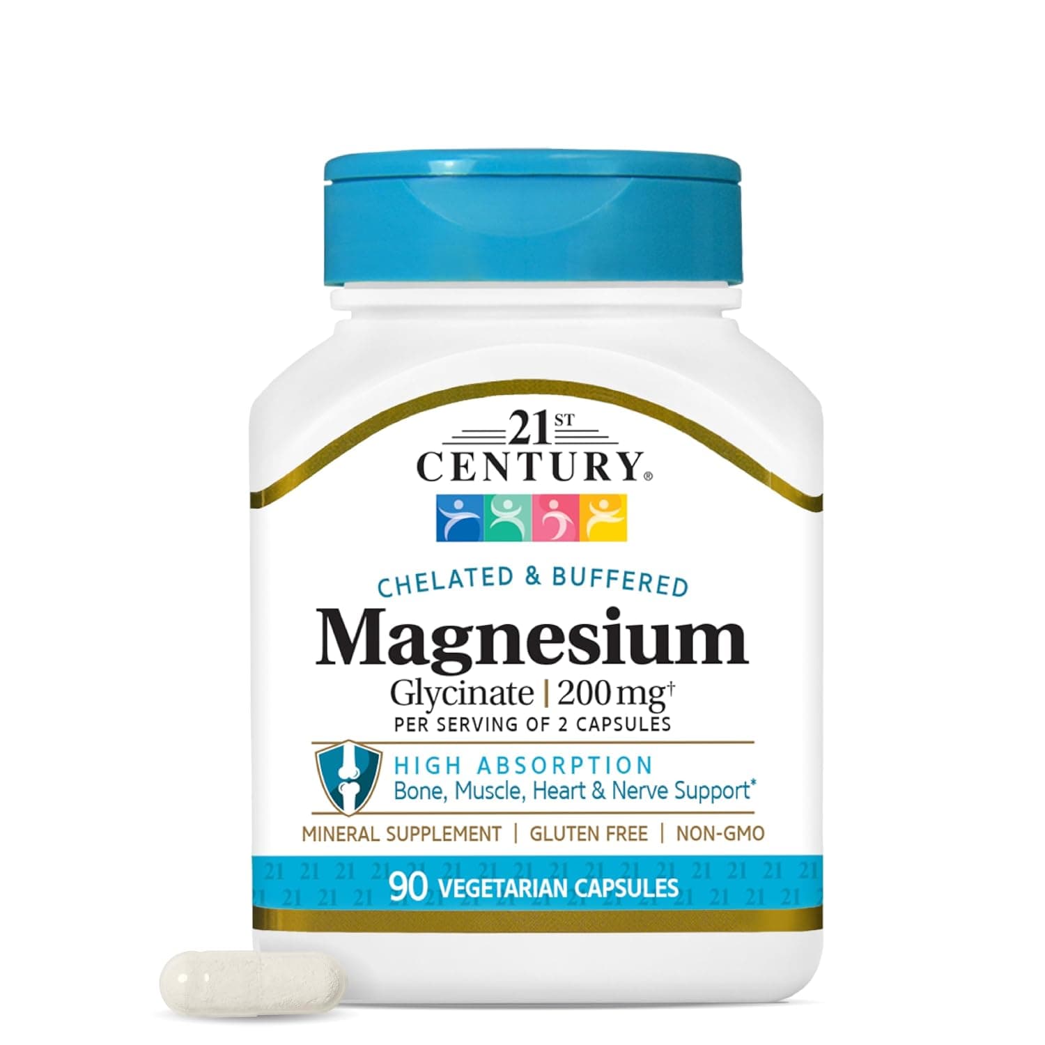 21st Century Magnesium Glycinate 200 mg Capsules per Serving, 90 Count | Highly Absorbable Chelated Magnesium Glycinate 200 mg, Muscle, Bone, Heart & Nerve Support, Gentle on the Stomach