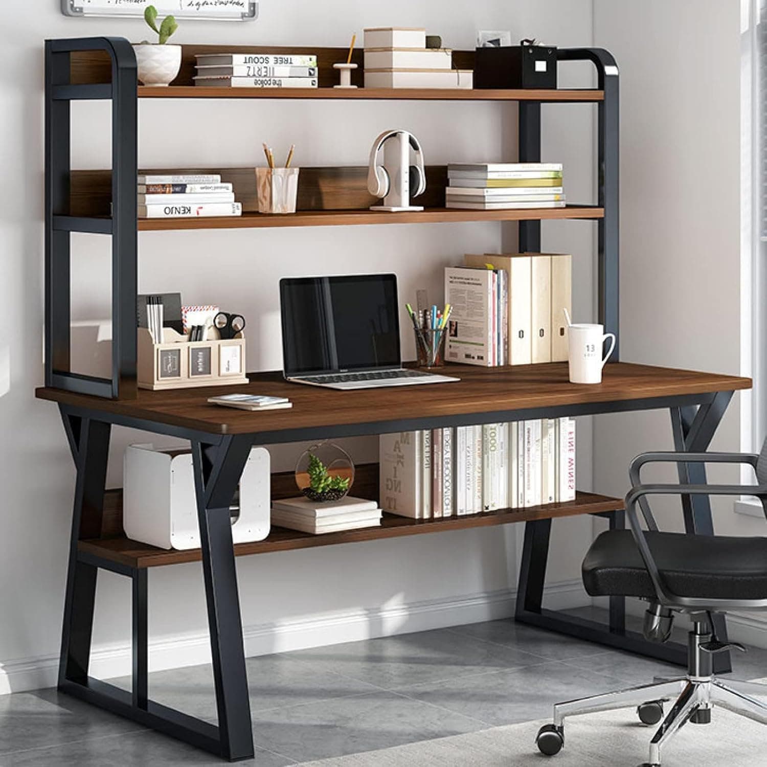 1ST Computer Desk with Storage Shelves and Bookshelf, Simple Modern Desk with Sturdy Metal Frame, Writing Study Workstation for Office and Home 120cm