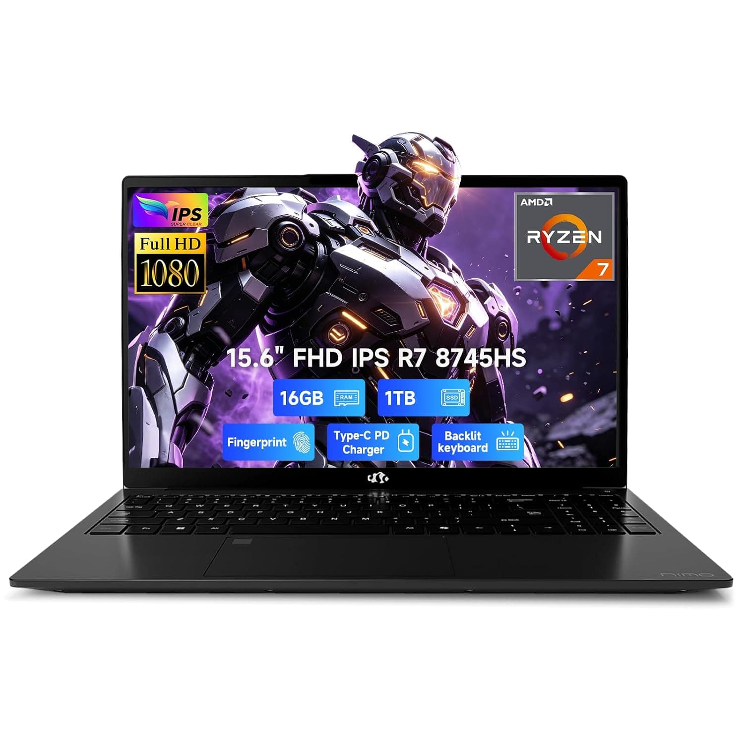 NIMO 15.6" Gaming Laptop, Ryzen 7 8745HS (8C/16T, Beats R9 7940HS) 16GB DDR5 1TB SSD, Radeon 780M Graphics, FHD IPS, Backlit KB, Fingerprint, WiFi 6E, Business Laptops for Video Editing Students