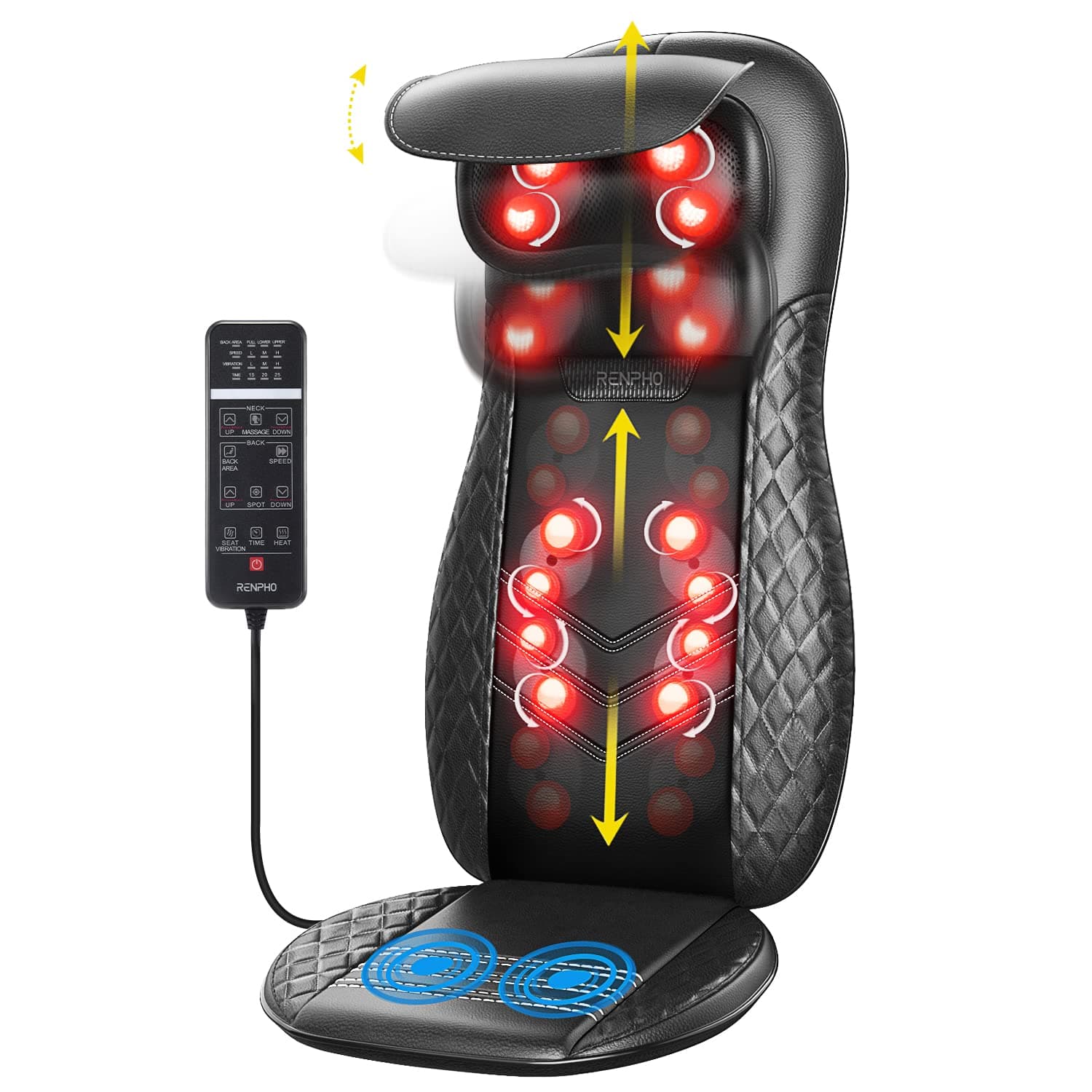 RENPHO Electric Back Massager for Chair, Massage Cushion, Shiatsu Massage Chair with Heat for the Whole Back and Neck, Adjustable Height, Use at Home and Office | Back and Neck Massager with Heat and Seat Vibration Mode, 3 Intensity Levels, Adjustable Height, Men Gift