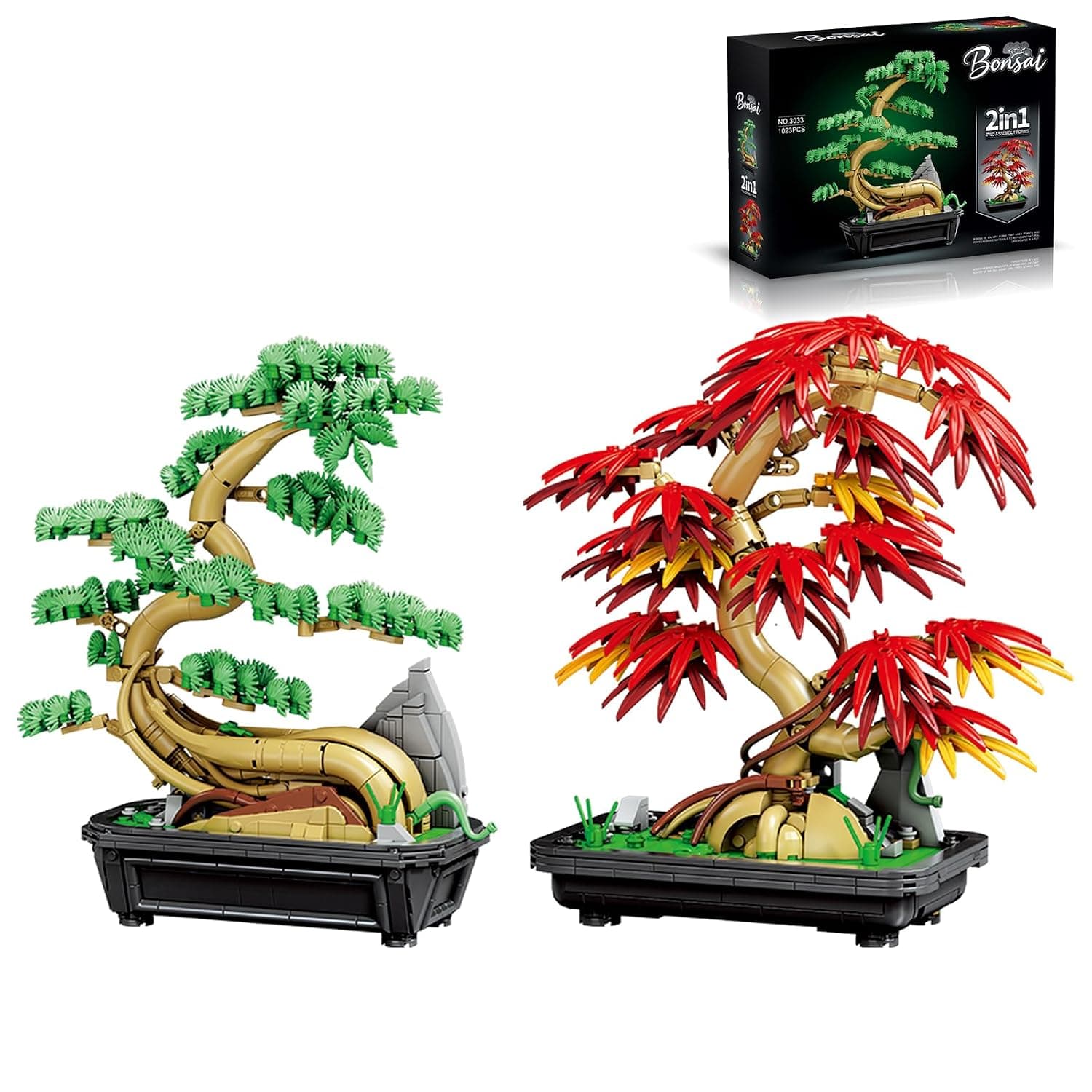 2-in-1 Bonsai Tree Building Set 1023 Pcs Red Maple & Pine Plant Model Kit for Adults Botanical Garden Collection Zen Home Decor & DIY Flower Construction Gift