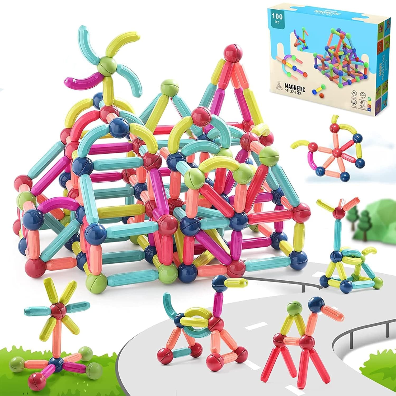 SooFam Magnetic Building Sticks Blocks Toy, Stem Educational Construction Toys,3D Magnet Magnet Educational Toys for Boys & Girls 3+(100PCS)