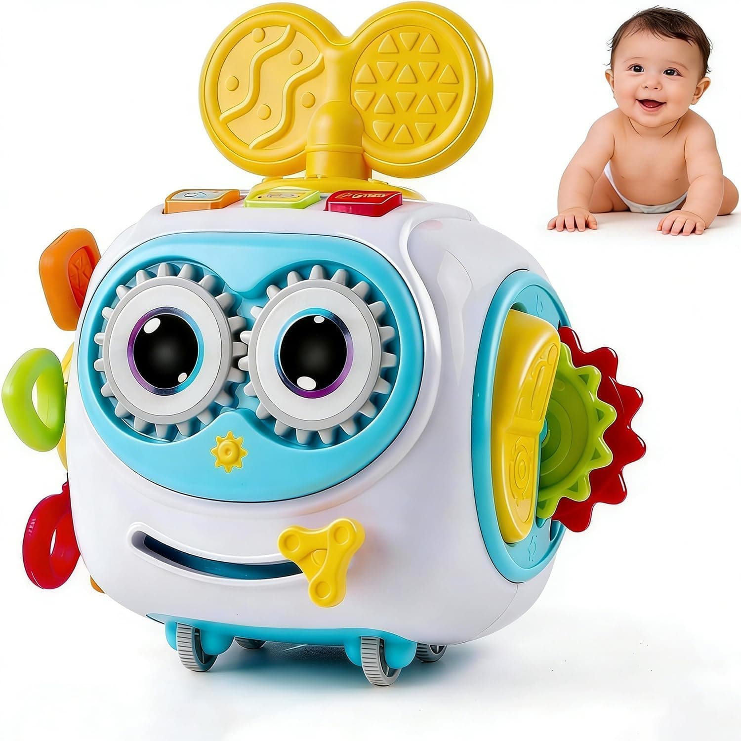 Robot Musical Busy Cube for Toddlers 1-3 Years Old, Montessori 6-in-1 Activity Cube with Lights & Sounds, Wheels for Tummy Time & Crawling Training, Birthday Gifts for Baby boy & Girl (Blue)