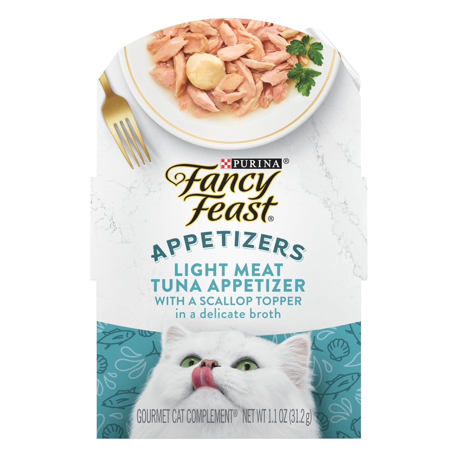 Fancy Feast Purina Wet Cat Food Complement, Appetizers Light Meat Tuna With a Scallop Topper - (10) 1.1 oz. Trays | Flavorful lickable grain-free Wet Cat Food Topper, made with High-Quality protein in a delicate broth
