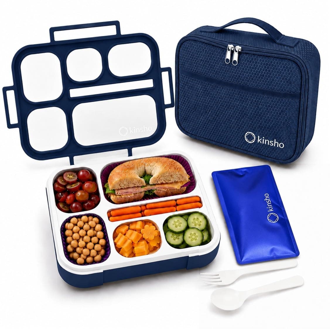 Bento-Box with Bag and Ice Pack Set. Lunch Boxes Snack Containers for Kids Boys Girls Adults. 6 Compartments, Leakproof Portion Container Boxes Insulated Bags for School Lunches, BPA Free, (Navy Blue | 6 Compartment Leak Proof Microwave Safe Food Container, Reuseable Meal Snack Container Set Ideal for School & Work, BPA-Free