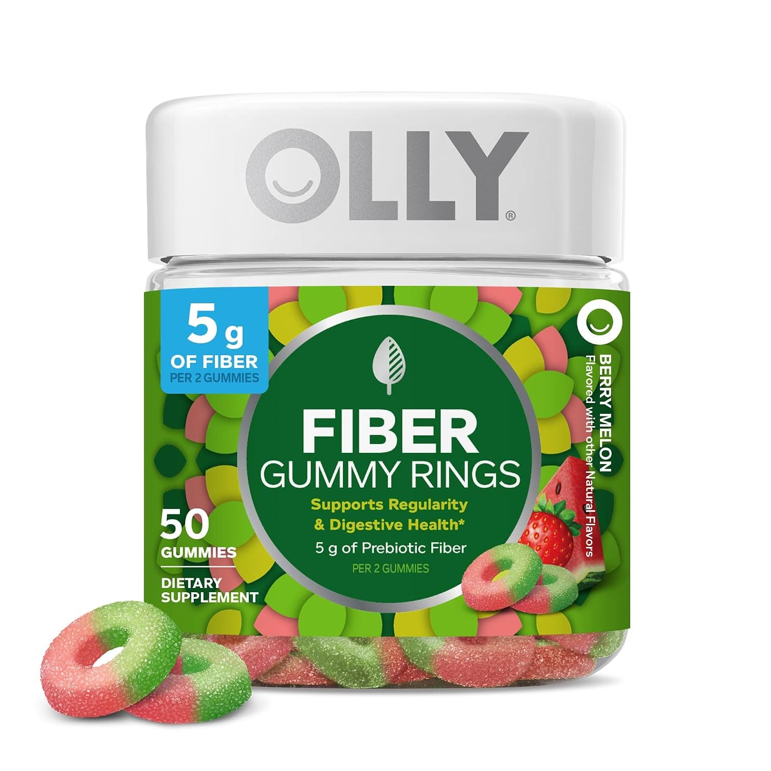 OLLY Fiber Gummy Rings, 5g Prebiotic Fiber, FOS (Fructo-oligosaccharides), Digestive Support, Berry Melon 50ct