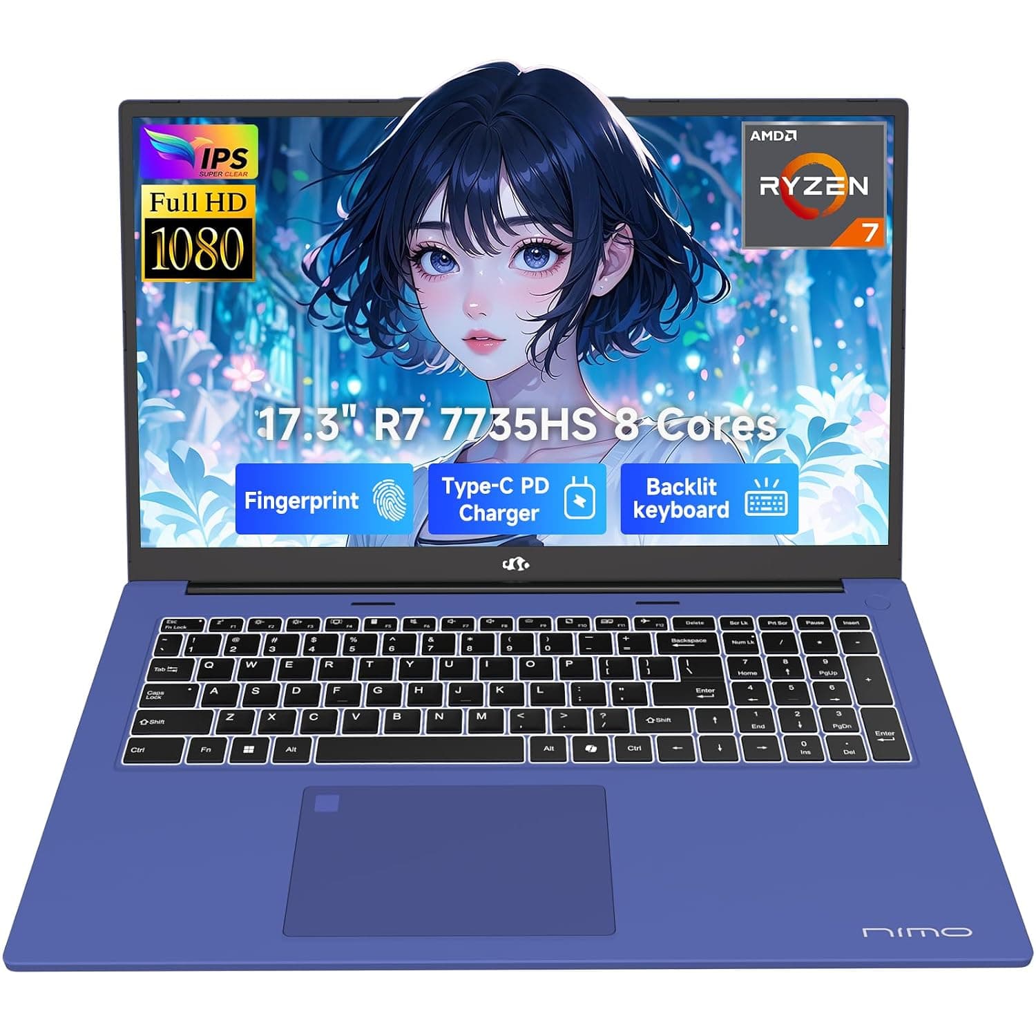 NIMO 17.3" Business-Laptop, AMD Ryzen 7 7735HS (8C/16T), 32GB RAM 2TB NVMe SSD, Radeon 680M for Light Gaming, PD 100W Type-C WiFi-6E BT5.2 Fingerprint Unlock Backlit Keyboard for Working & Student