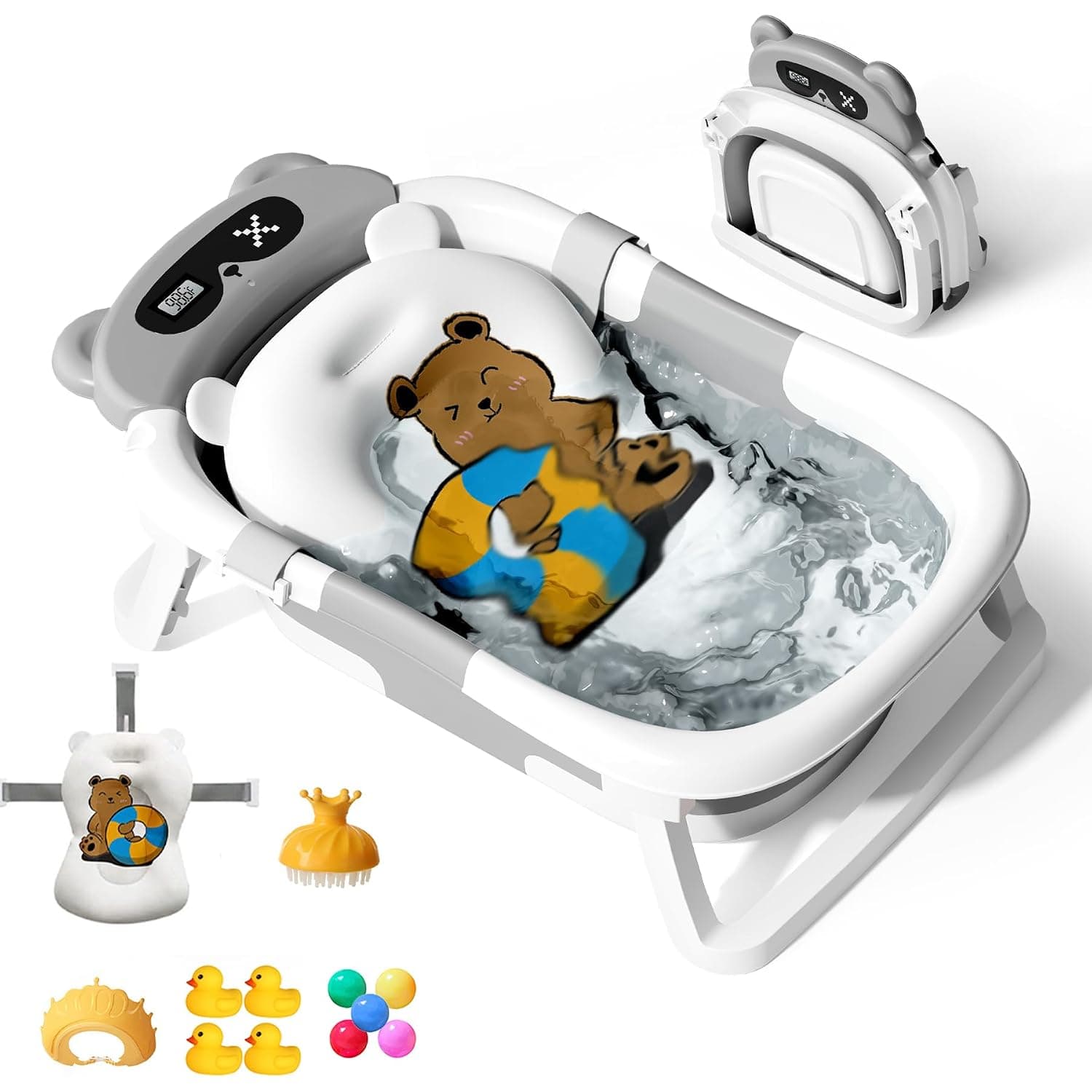 13 PCS Baby Bath Tub Foldable Bathtub With Temperature Sensing + Bathmat Cushion + Shower Cap + Washing Hair Shower Shampoo Brush *1 + Ocean Balls *5