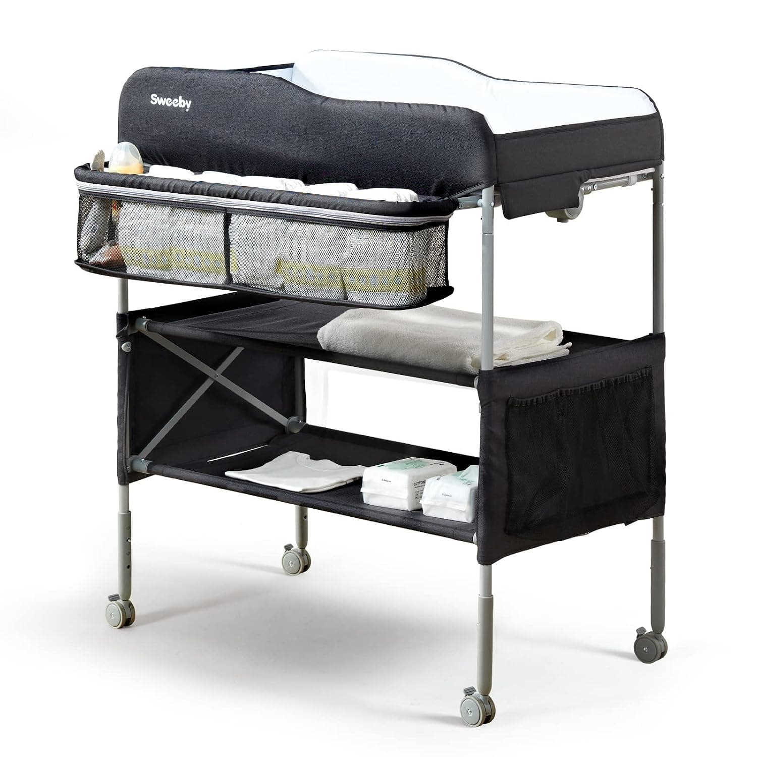 Sweeby Portable Baby Changing Table, Foldable Diaper Changing Station with Waterproof Pad, Mobile Nursery Organizer for Infant & Newborn Essentials, Black