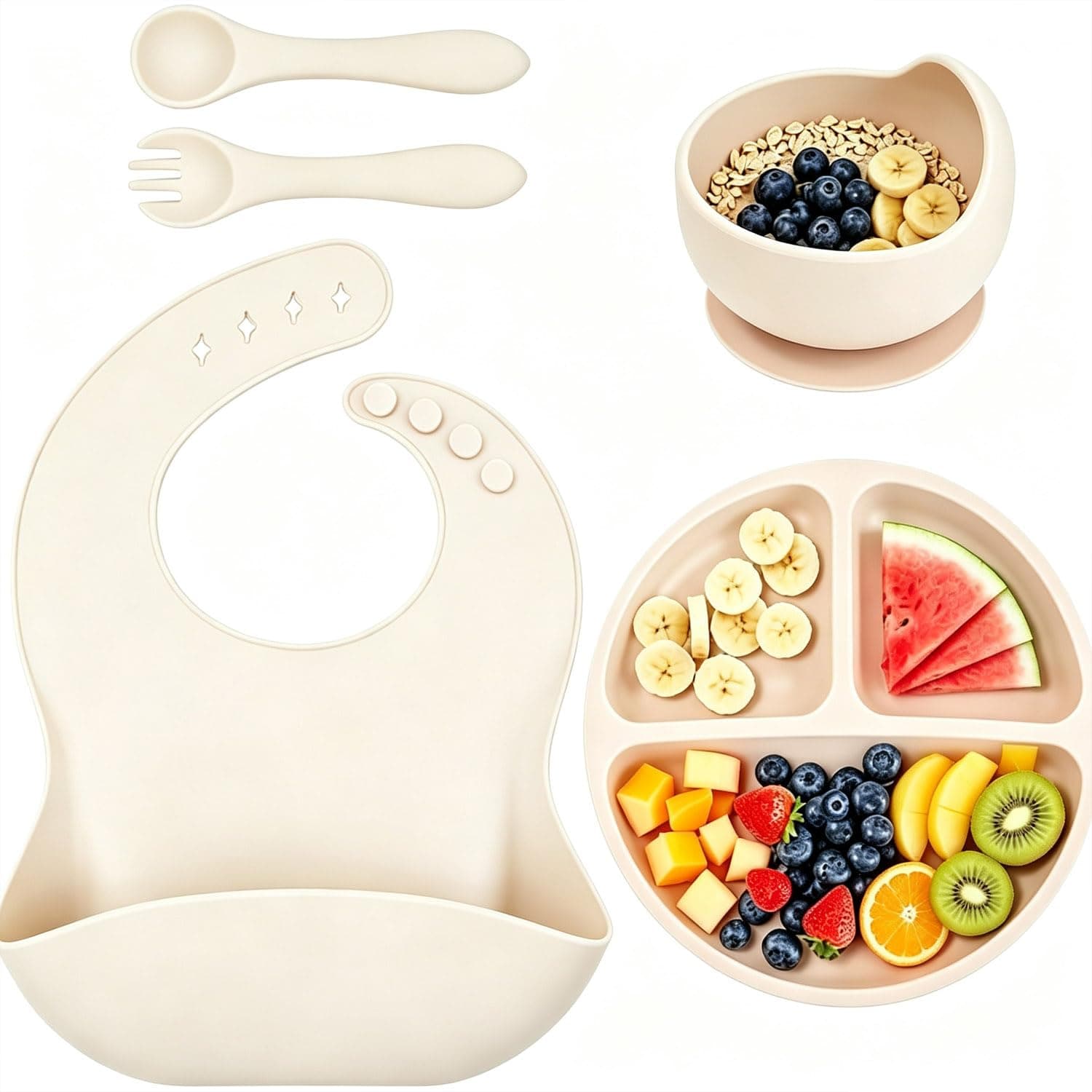 LinJie Baby Feeding Set,Baby Weaning Set,Baby Tableware Set, Suction Bowl,Divided Plate,Spoon and Fork,adjustable bib Food Grade Silicone Material