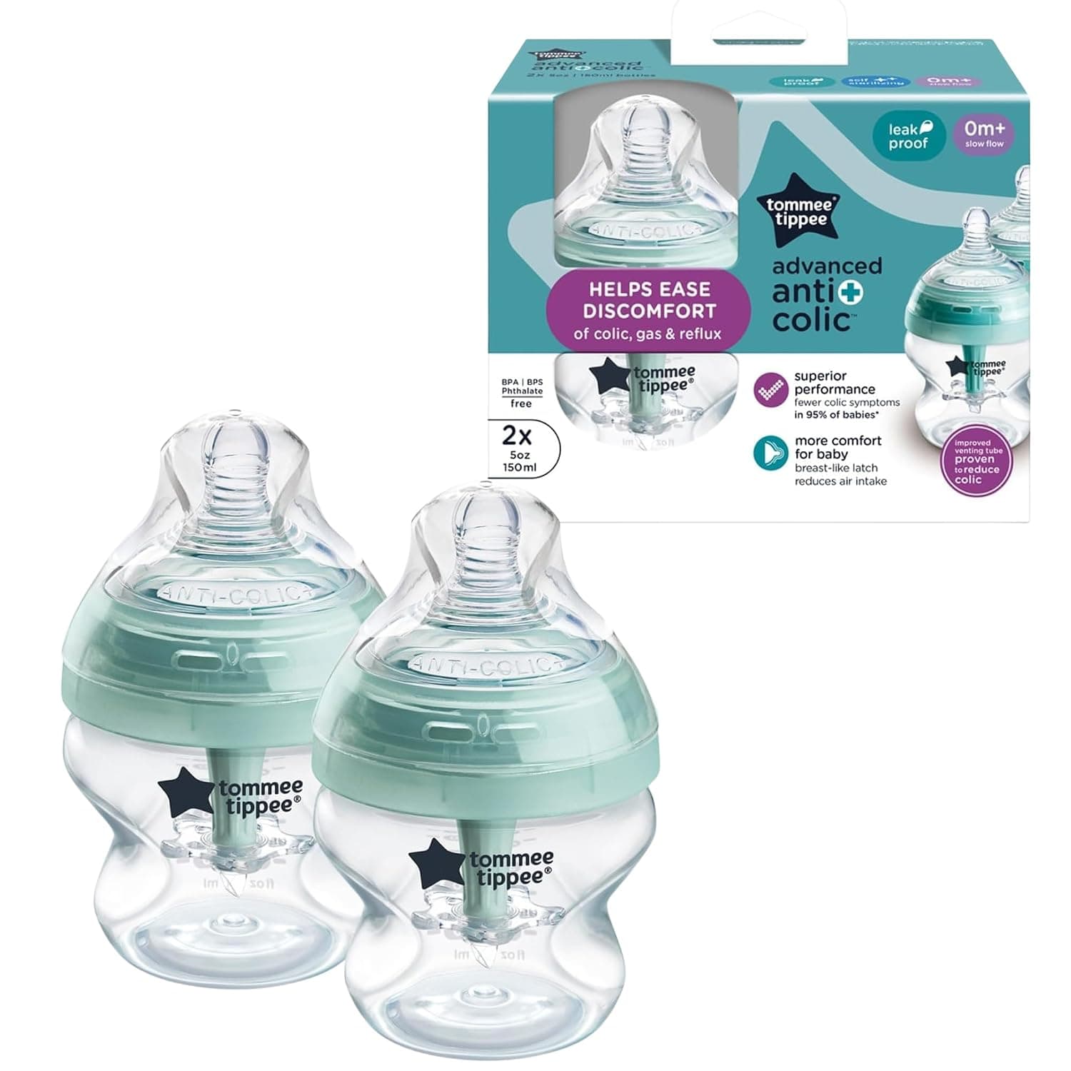 Tommee Tippee Baby Bottles, Advanced Anti-Colic Baby Bottle with Slow Flow Breast-Like, 5oz, 0m+, Self-Sterilizing, Baby Feeding Essentials, Pack of 2