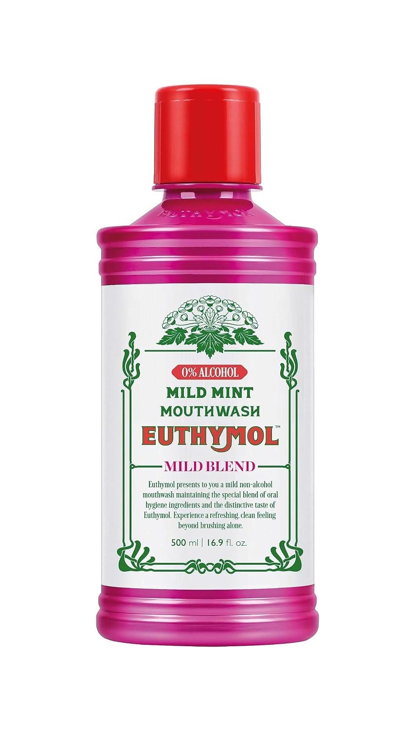 Euthymol Mouthwash Mild Mint 500ml, Contains Flouride Alcohol-Free, Distinctive Strong Taste Flavour, Reduce Plaque Gingival Clean Healty Teeth Gums, Freshens Breath Refreshing Daily Oral Dental Care
