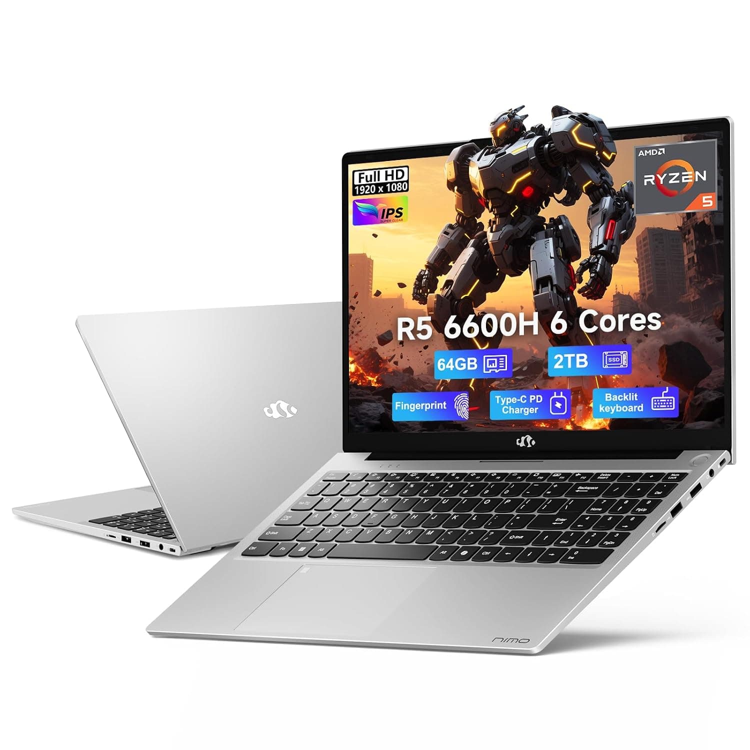 NIMO 15.6" IPS FHD-Gaming-Laptop, AMD Ryzen 5 6600H 6-Cores 660M GPU 64GB DDR5 RAM 2TB SSD(Beat i7-1165G7, Up to 4.5GHz) Computer with 100W GaN Type C Fingerprint Backlit Keyboard Win 11