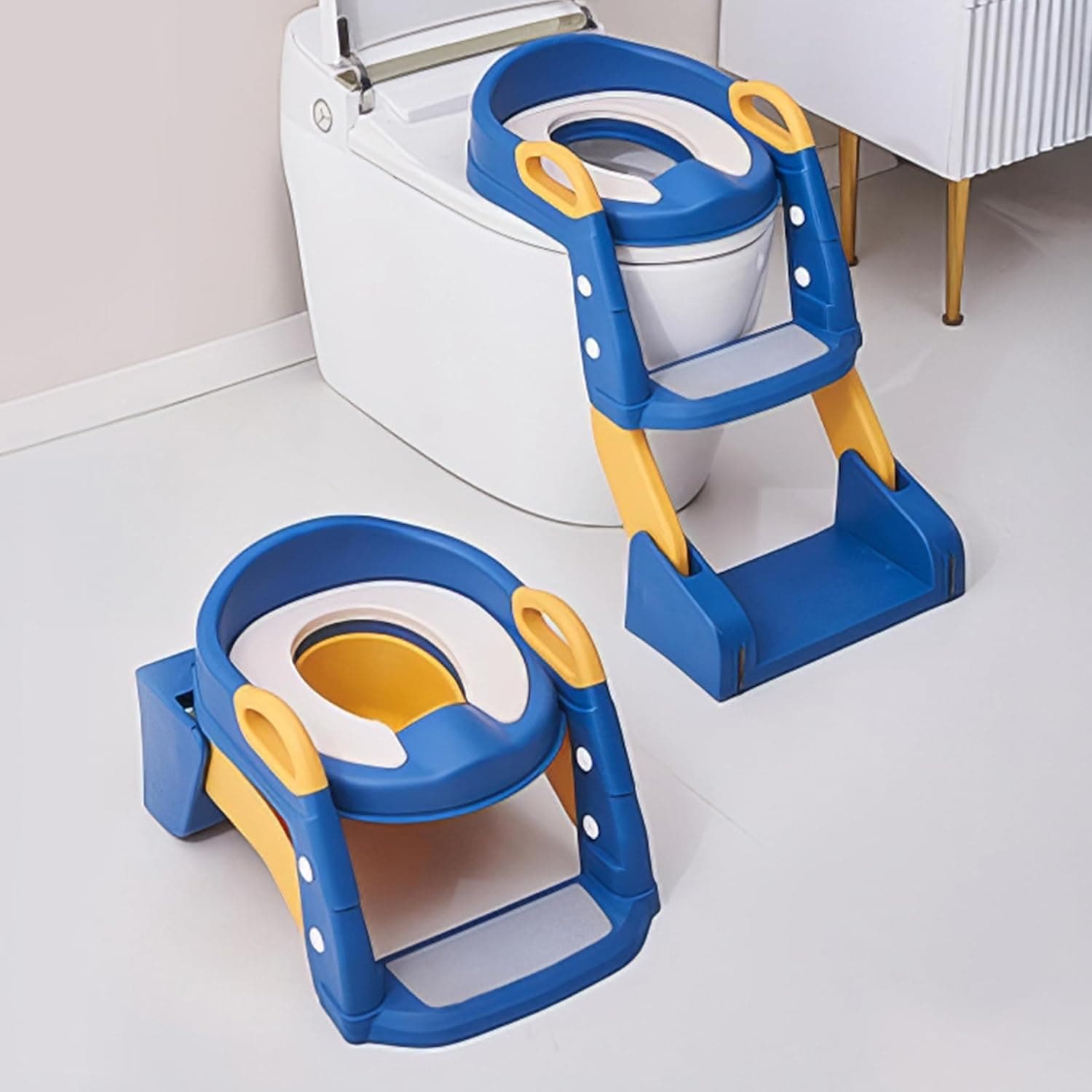 RENOVO 3 In 1 Toilet Potty Seat For Kids, Baby Potty Training Step Ladder, Potty Chair With Urinals, Splash Guard, Handle & Cushion Seat, Blue