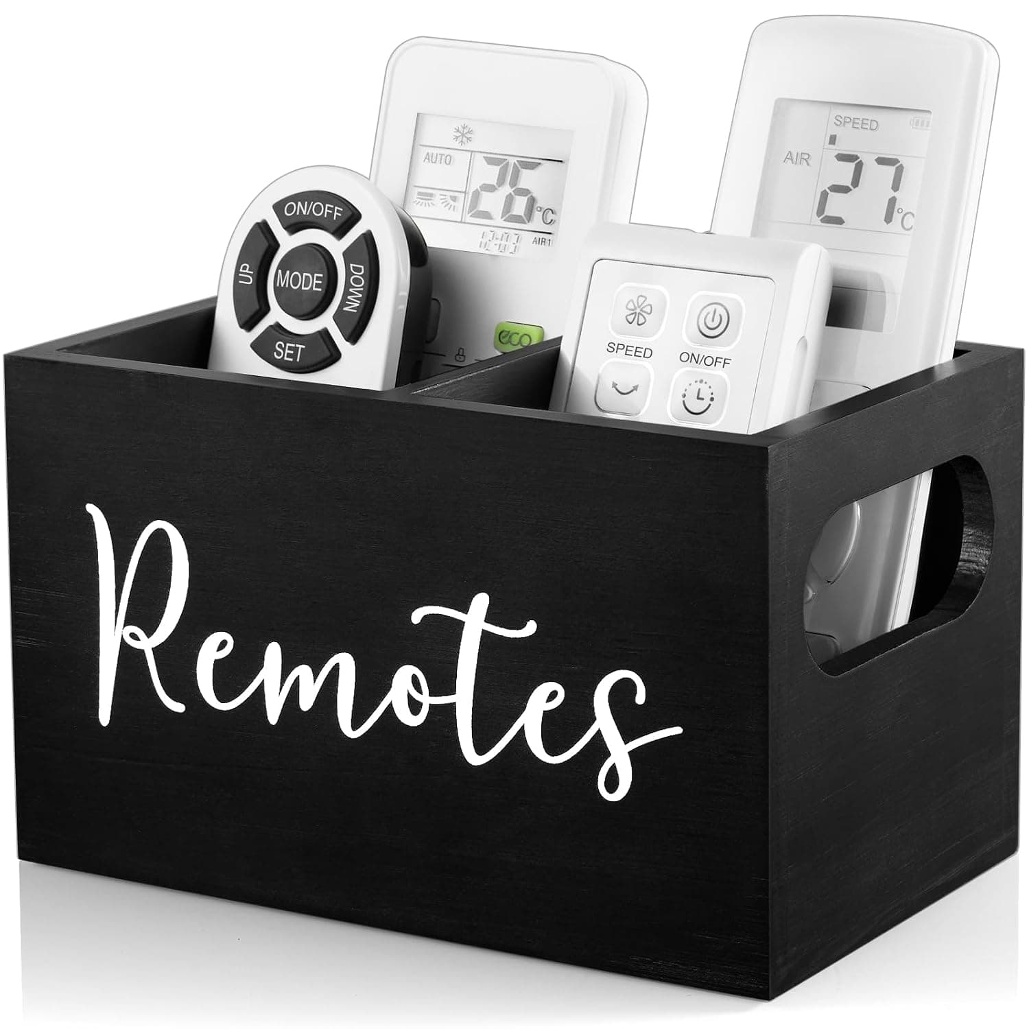DRASTAR Rustic Wooden Remote Holder, 2-Slot Organizer Caddy for Table, Black