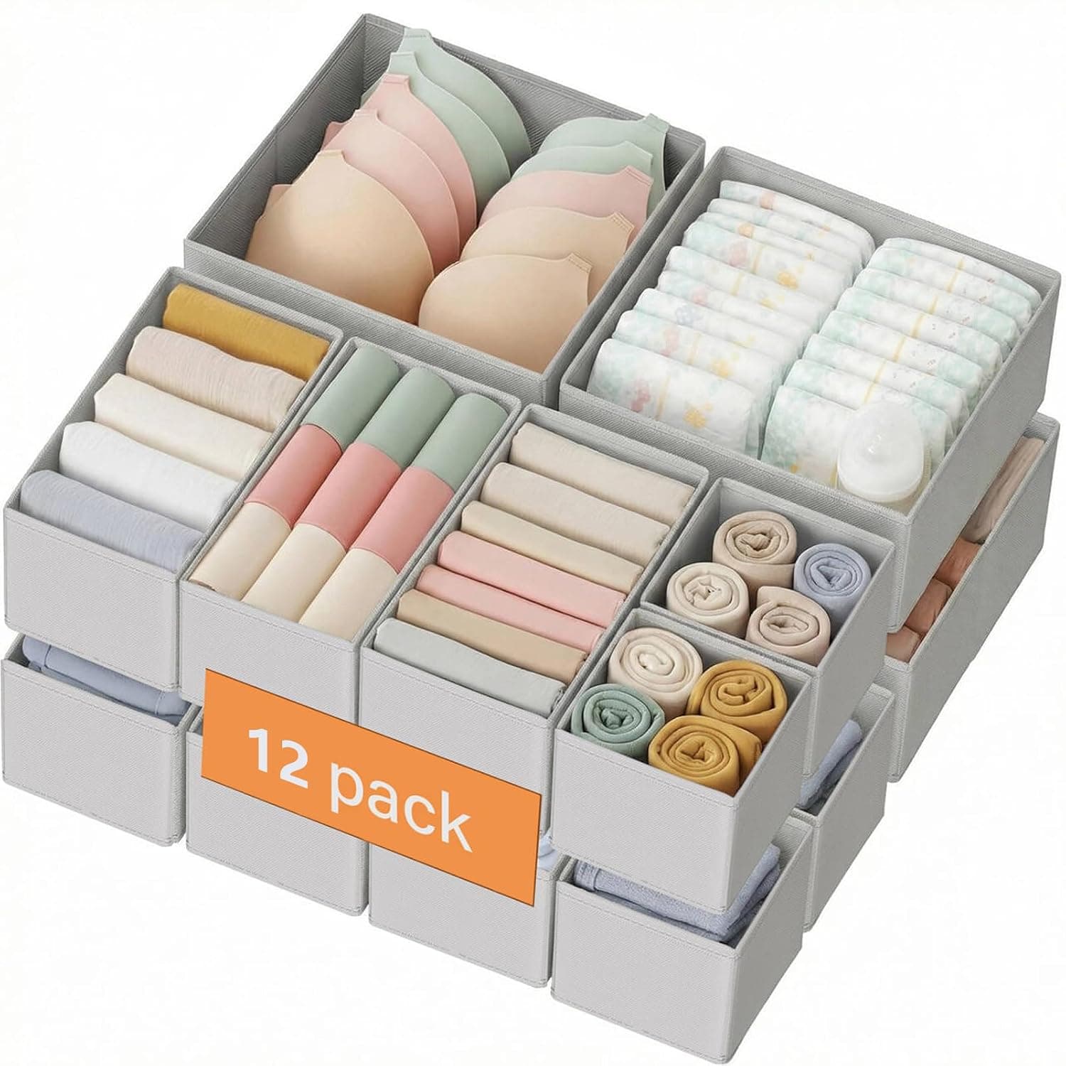 12 Pack Cloth Drawer Storage Organizer Boxes, Open Wardrobe Organiser for Baby Clothes, Underwear, Socks, Foldable Closet Organization Storage Dividers for Nursery, Bedroom, Dorm (Grey)