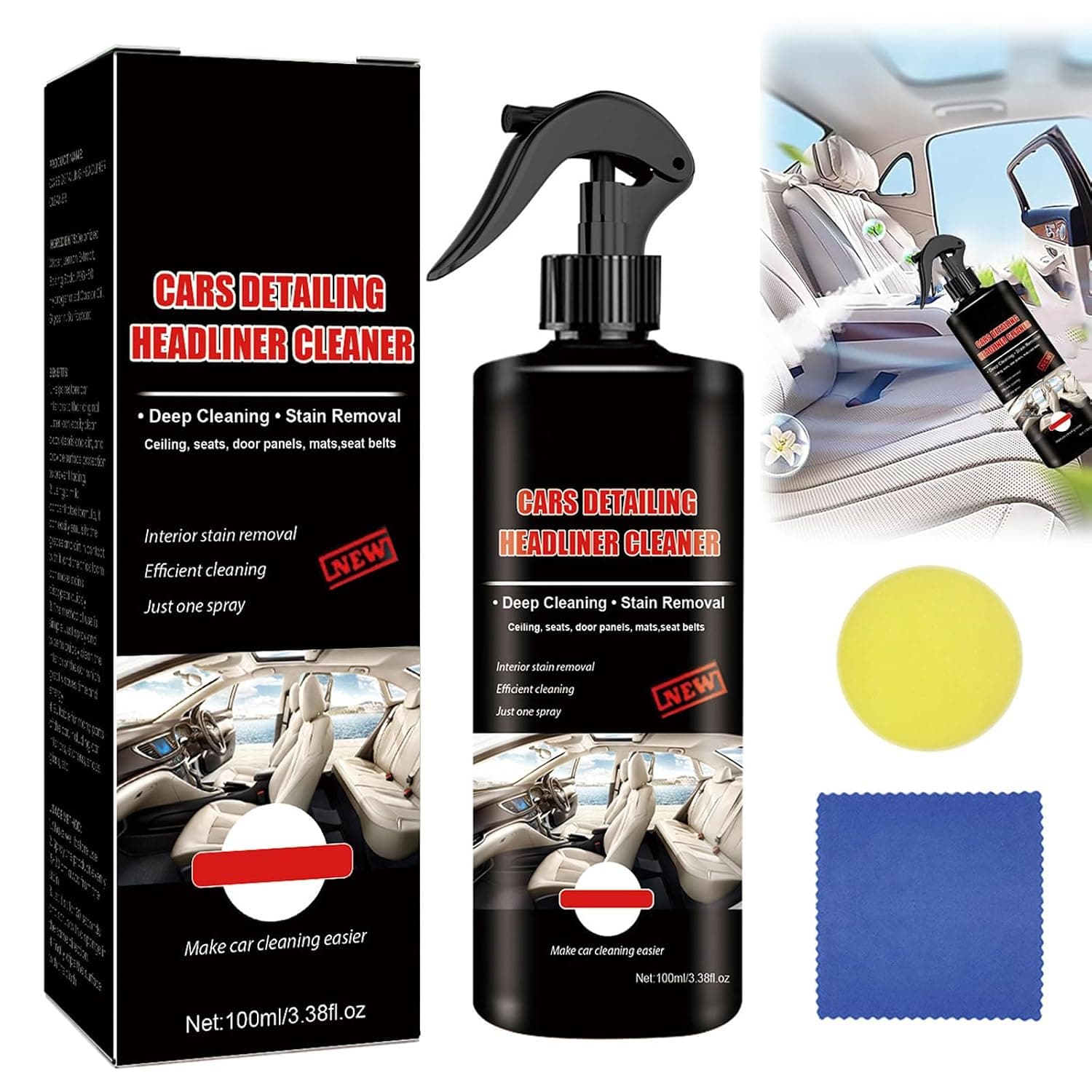 All-purpose Car Cleaners, Azonee Professional Interior Headliner Cleaner for Cars, Detailing Cleaner with Sponge & Towel, Effective Car Interior Cleaning Tool