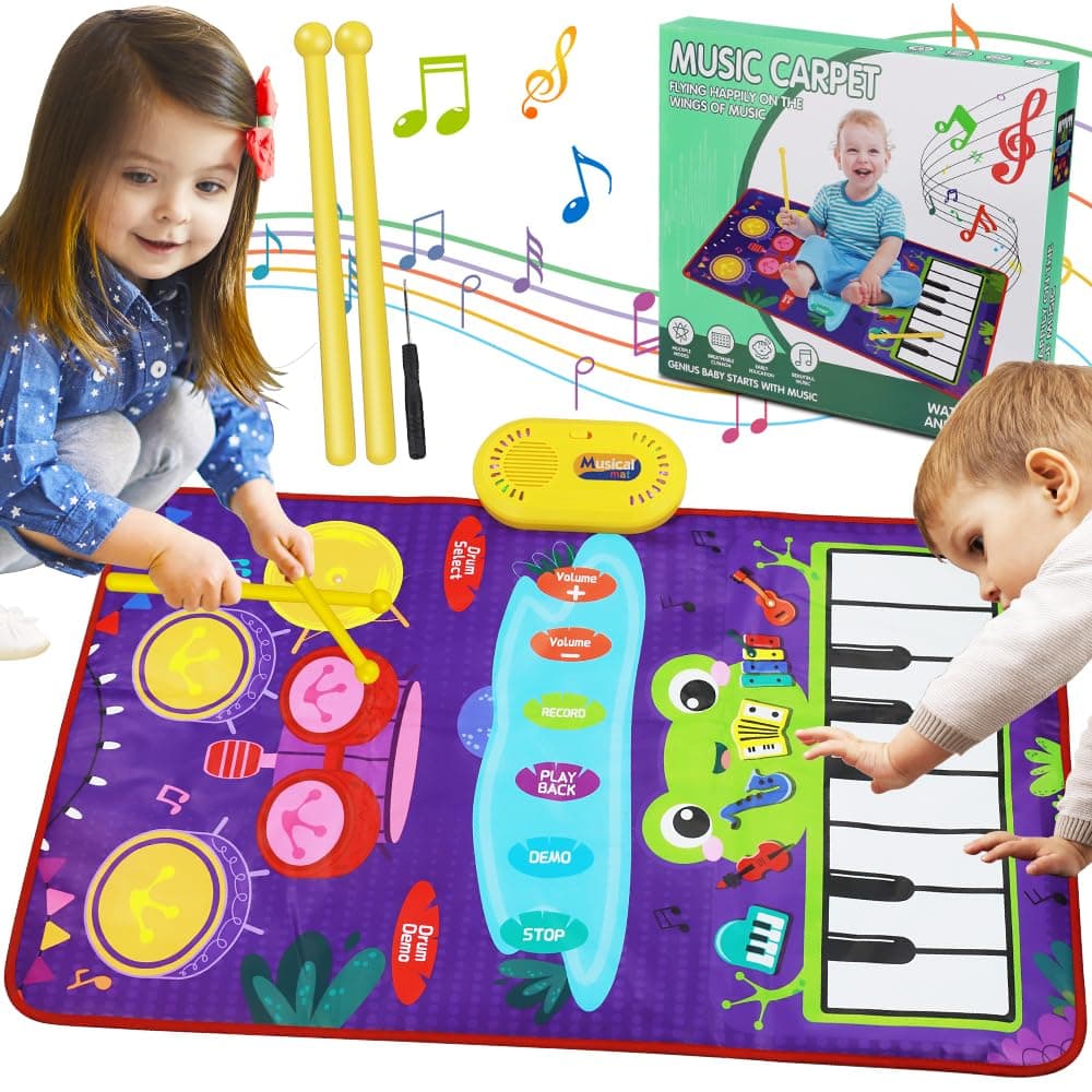 Baby Musical Mat for Boys Girls Gift, Baby Toys 2-in-1 Toddler Musical Toys Piano Keyboard Drum Mat with 2 Sticks, Early Education Learning Floor Blanket for 1 2 3 4 5 Year Old Kids Birthday Present