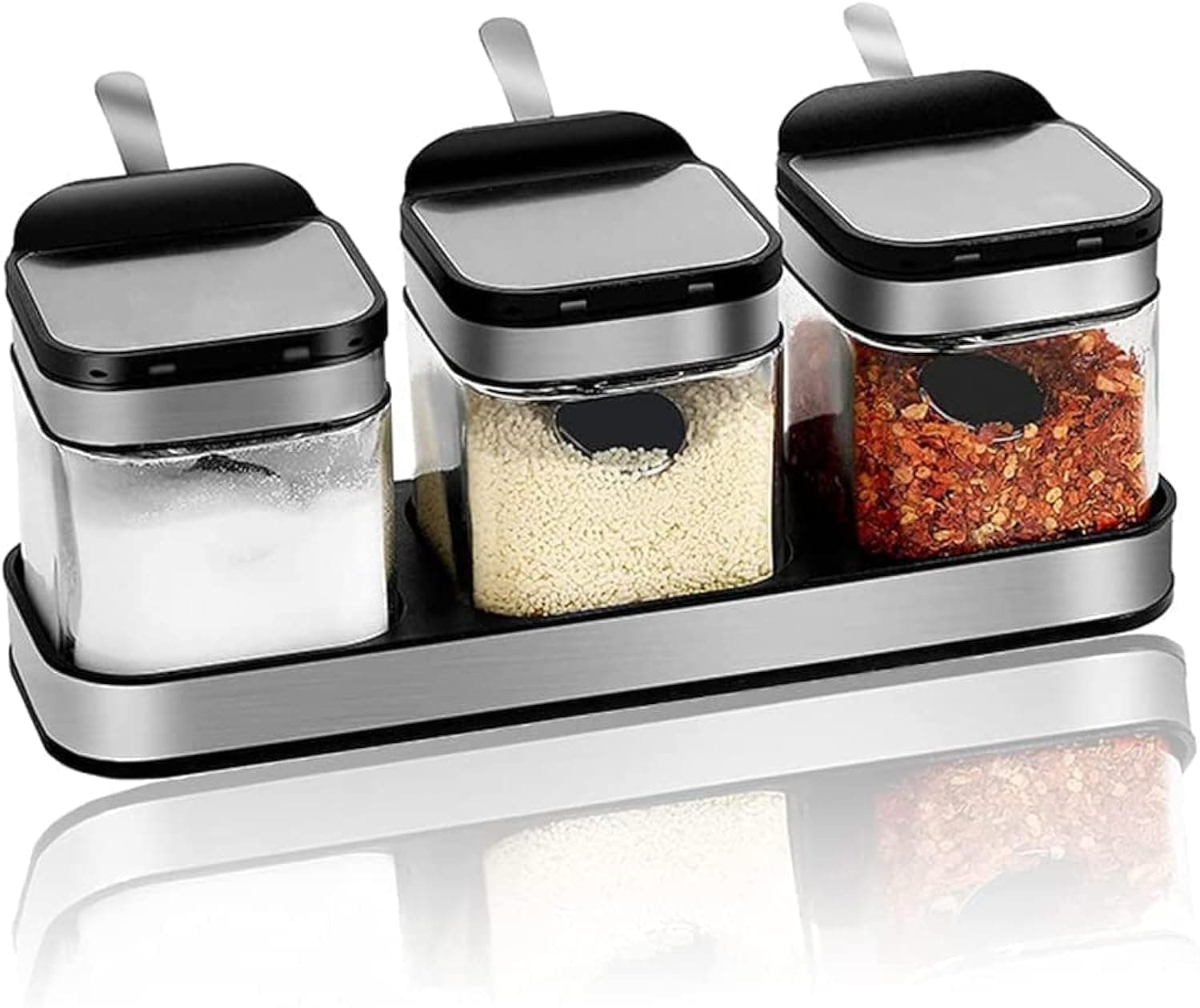 ALMEKAQUZ Seasoning Box with 304 Stainless Steel Lids & Spoons, Clear Glass Condiment Canisters Pots, 10 oz Condiment Jar Spice Container Set of 3 for Kitchen, Counter, Food Storage