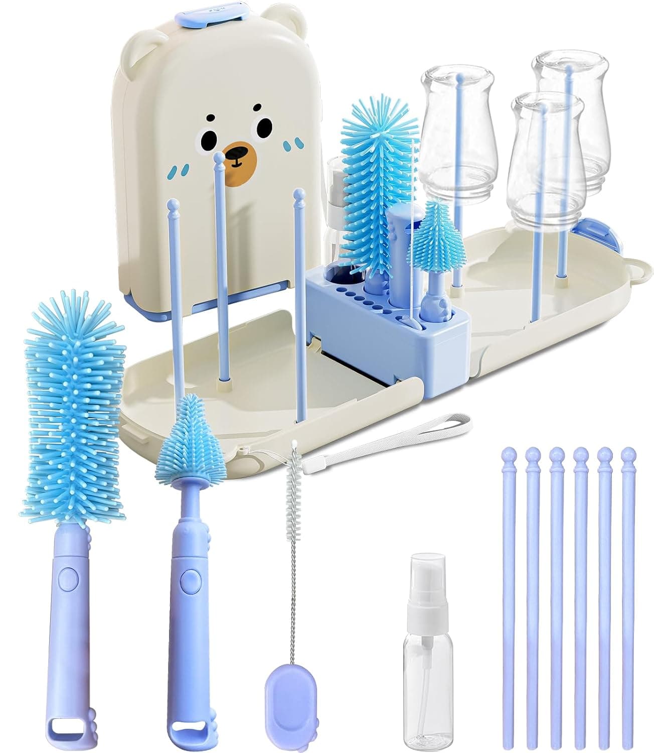 Blue Travel Bottle Cleaner Kit with Drying Rack – 6-in-1 Baby Bottle Washer & Silicone Brush Set for Pump Parts, & Straws – Portable Baby Travel Essential in Compact Case