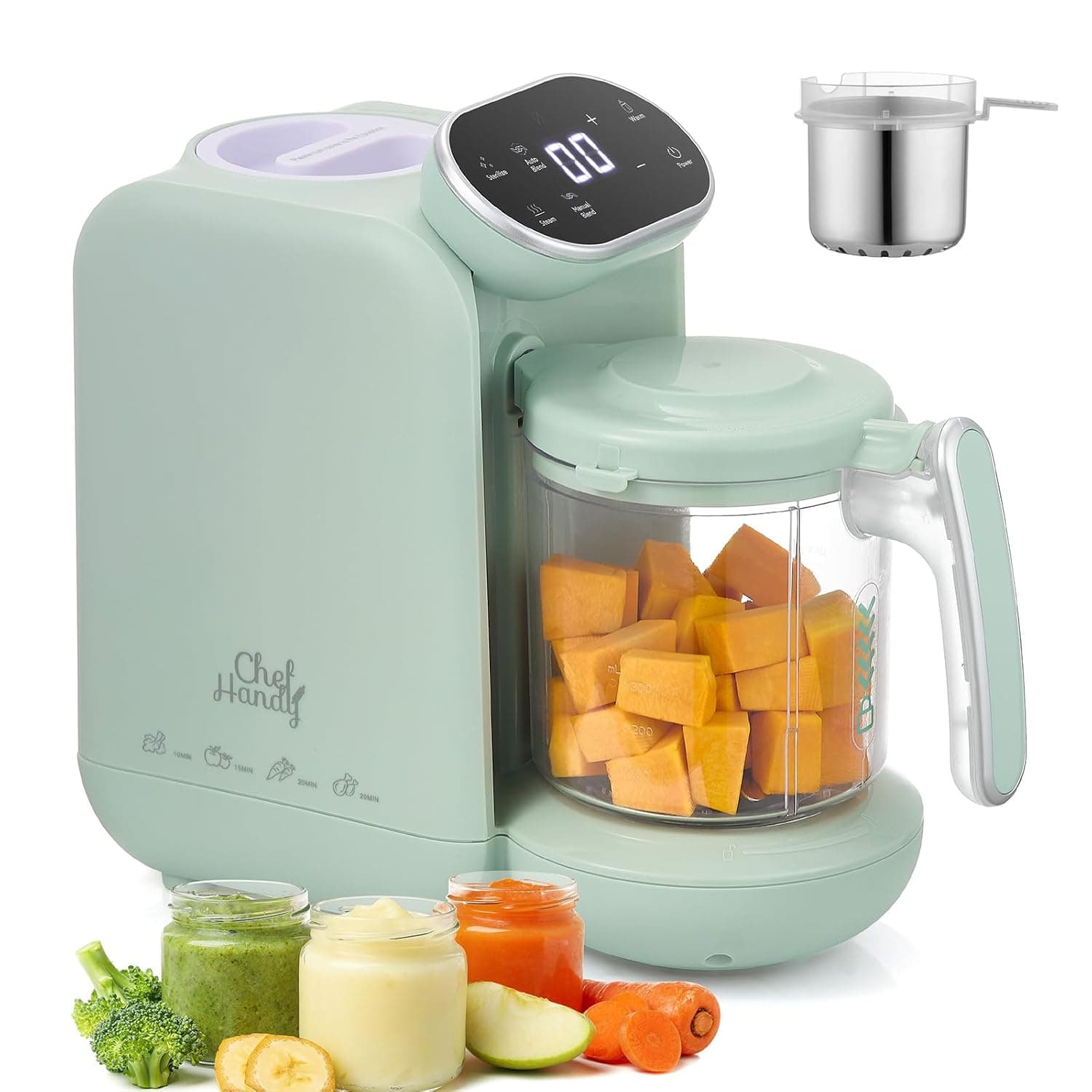 Chefhandy Baby Food Maker, 5 in 1 Baby Food Processor, Puree Maker Grinder with Steam Pot, TouchScreen Multifunctional Steamer Blender, Milk Bottle Warmer Function, Auto Cooking, Mills Machine-Green