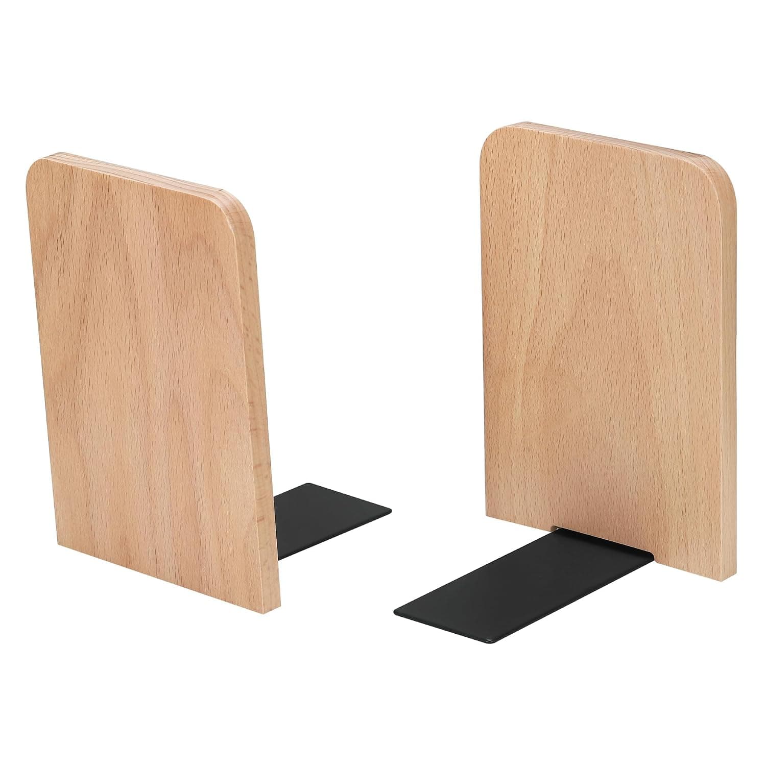 2 Pcs Wood Book Ends, Beech Wood Bookend, Non-Slip L-Shaped Heavy Duty Books Holder Stand for Shelves Desktop, Decorative Sturdy Bookshelf for Books DVD CD, Perfect for Home Office Library School