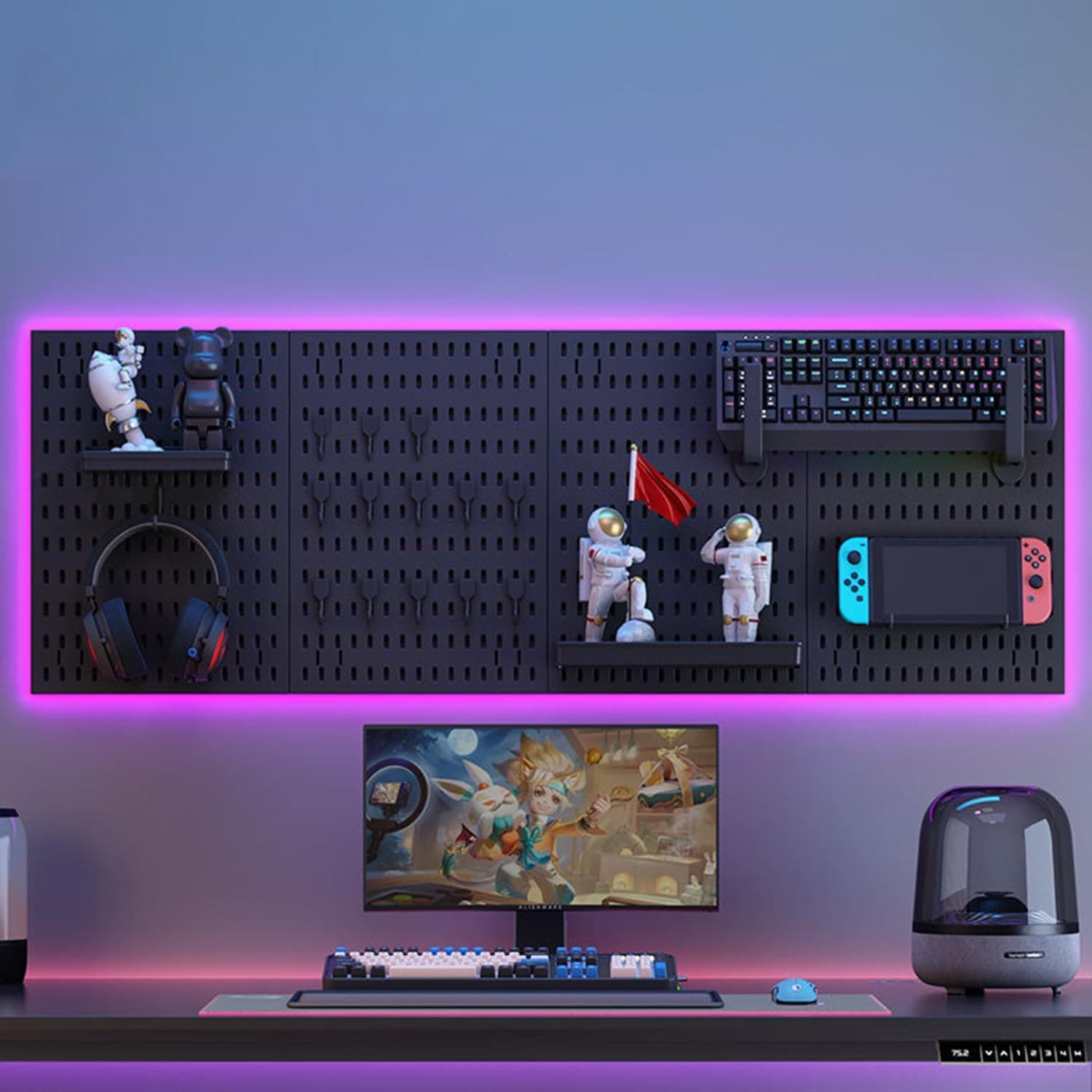 مجموعة ألواح تثبيت متعددة الاستخدامات، منظم للحائط مع 4 ألواح بلاستيكية (29×41 سم) و19 ملحق لتنظيم المنزل والمكتب والألعاب بدون مجهود مع حلول تعليق قابلة للتخصيص من اكسين، أسود