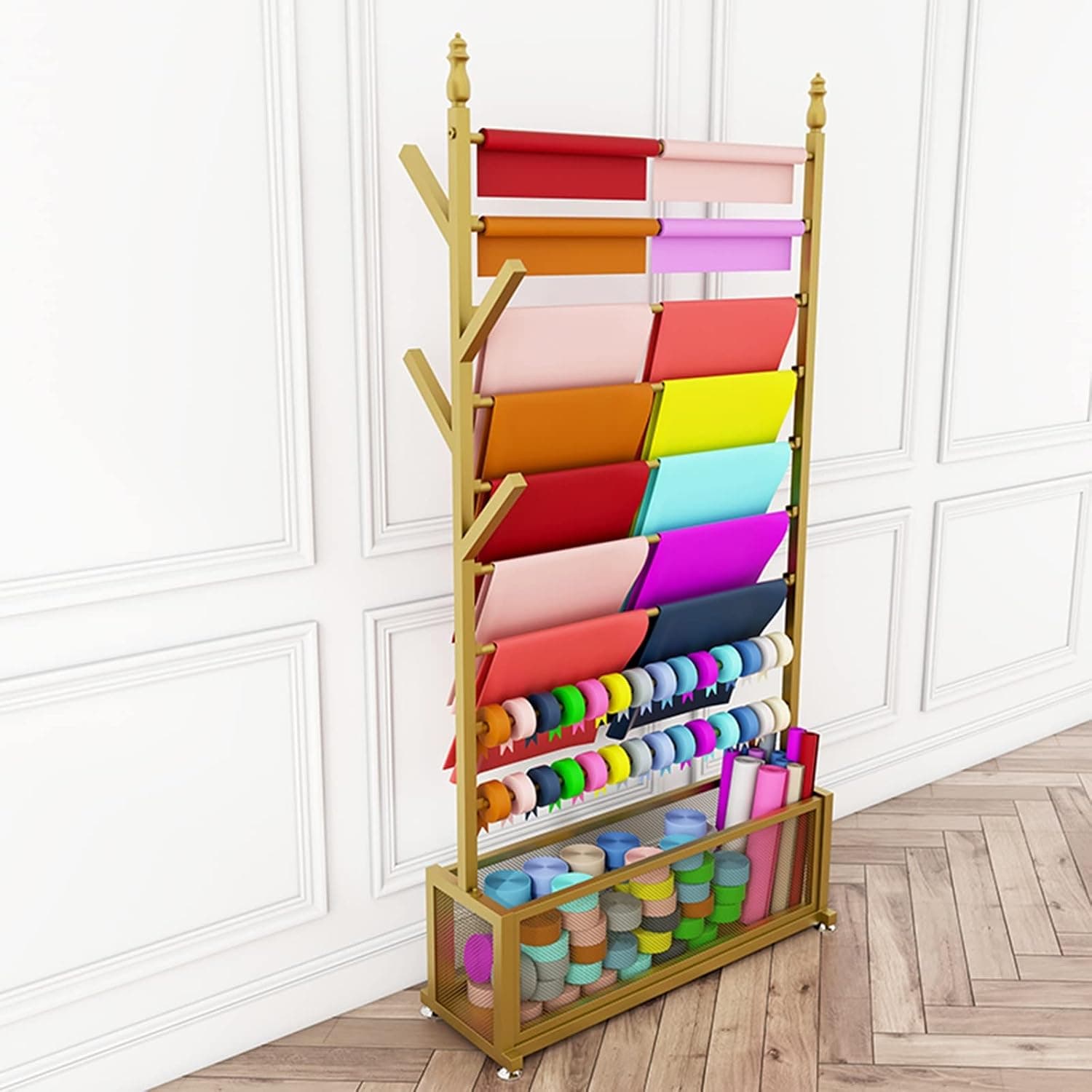 Metal Gift Wrapping Paper Holder For Long Rolls, Floor Spool Holder Roll Dispenser For Ribbons, Cellophane And Vinyl Rolls, Scarf nizer Rack For Jeans/Pant/Hats,d90X35X180Cm