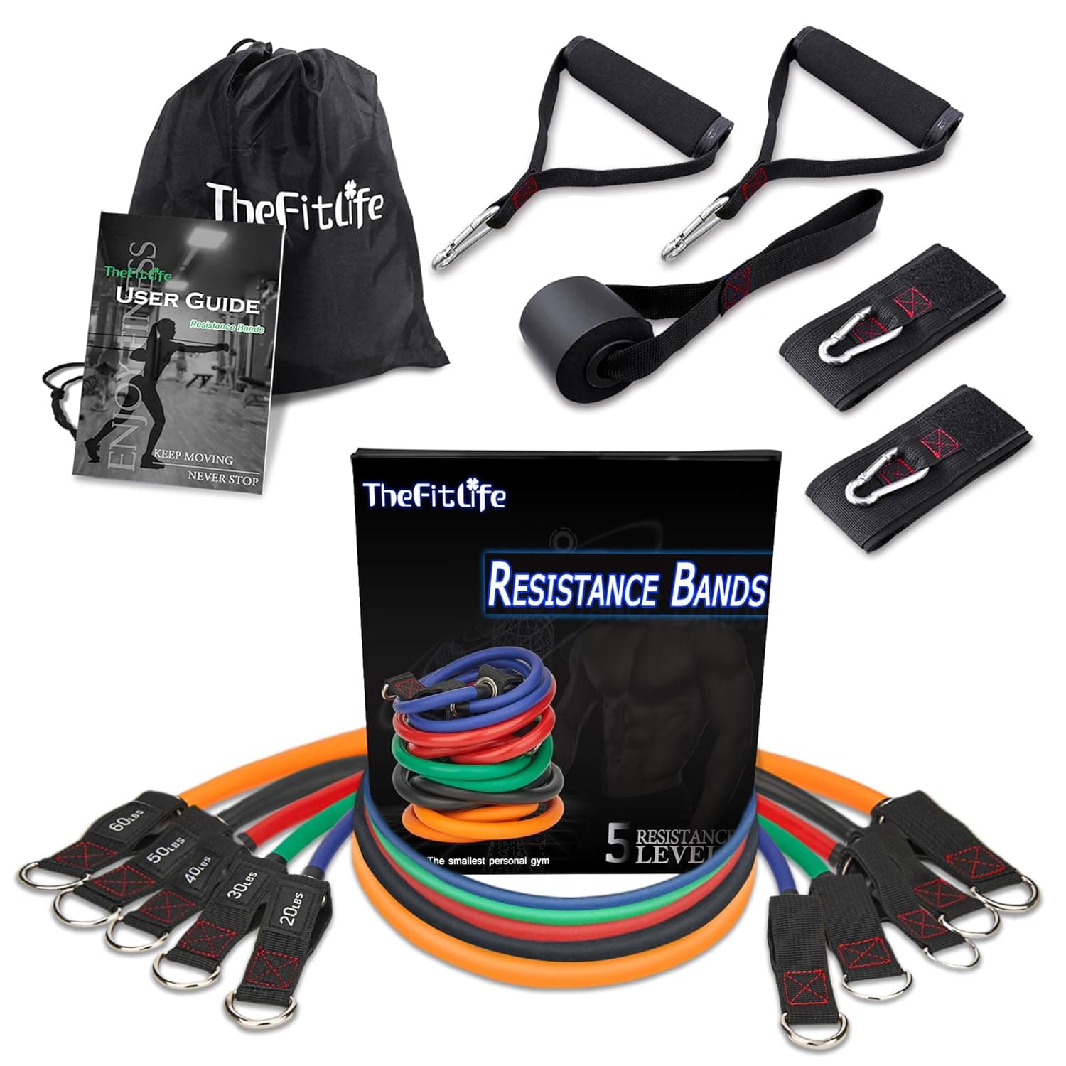 TheFitLife Exercise and Resistance Bands Set - 5 Fitness stackable up to 110/150/200/250/300 lbs Workout Tubes for Indoor and Outdoor Sports, Fitness, Suspension, Speed Strength, Home Gym, Yoga