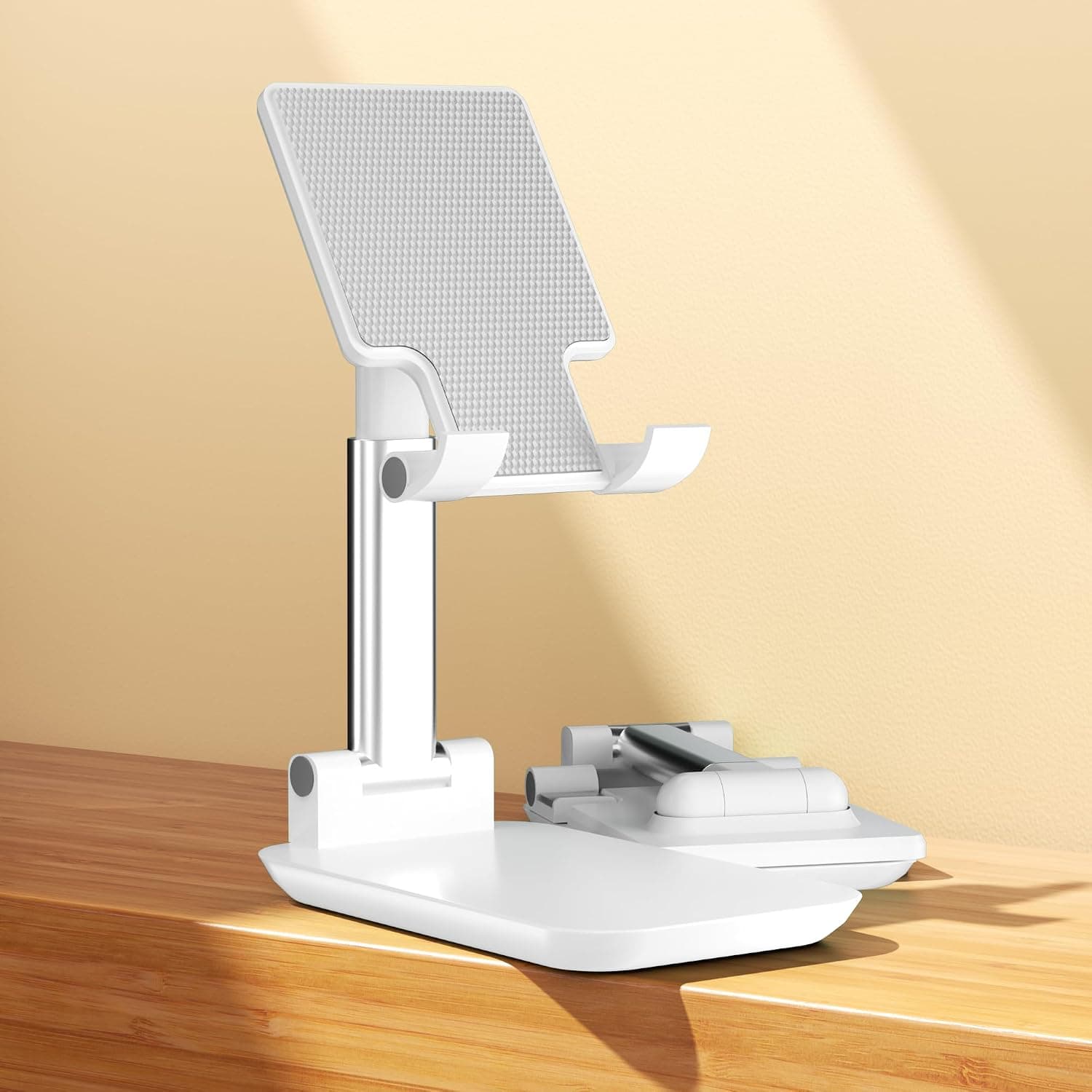 Cell Phone Stand,Adjustable Angle Height Phone Stand for Desk,Fully Foldable/Portable Phone Holder with Silicon Pad for iPhone 16/15/14/13/12/Smartphones,All Mobile Phones (White)