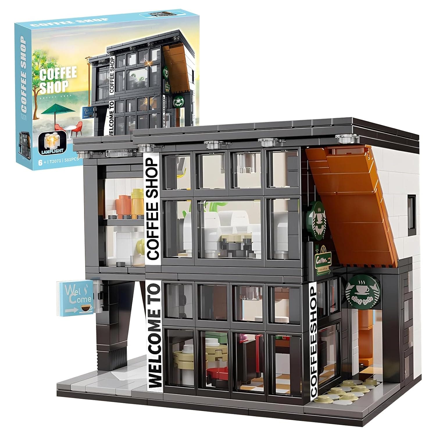 City Street View Coffee House Construction Kit, 581 Pieces Clamping Blocks, Café House with Light, Creative Gift, Architecture Home & Office, Café Decoration Model for Adults and Girls from 6+