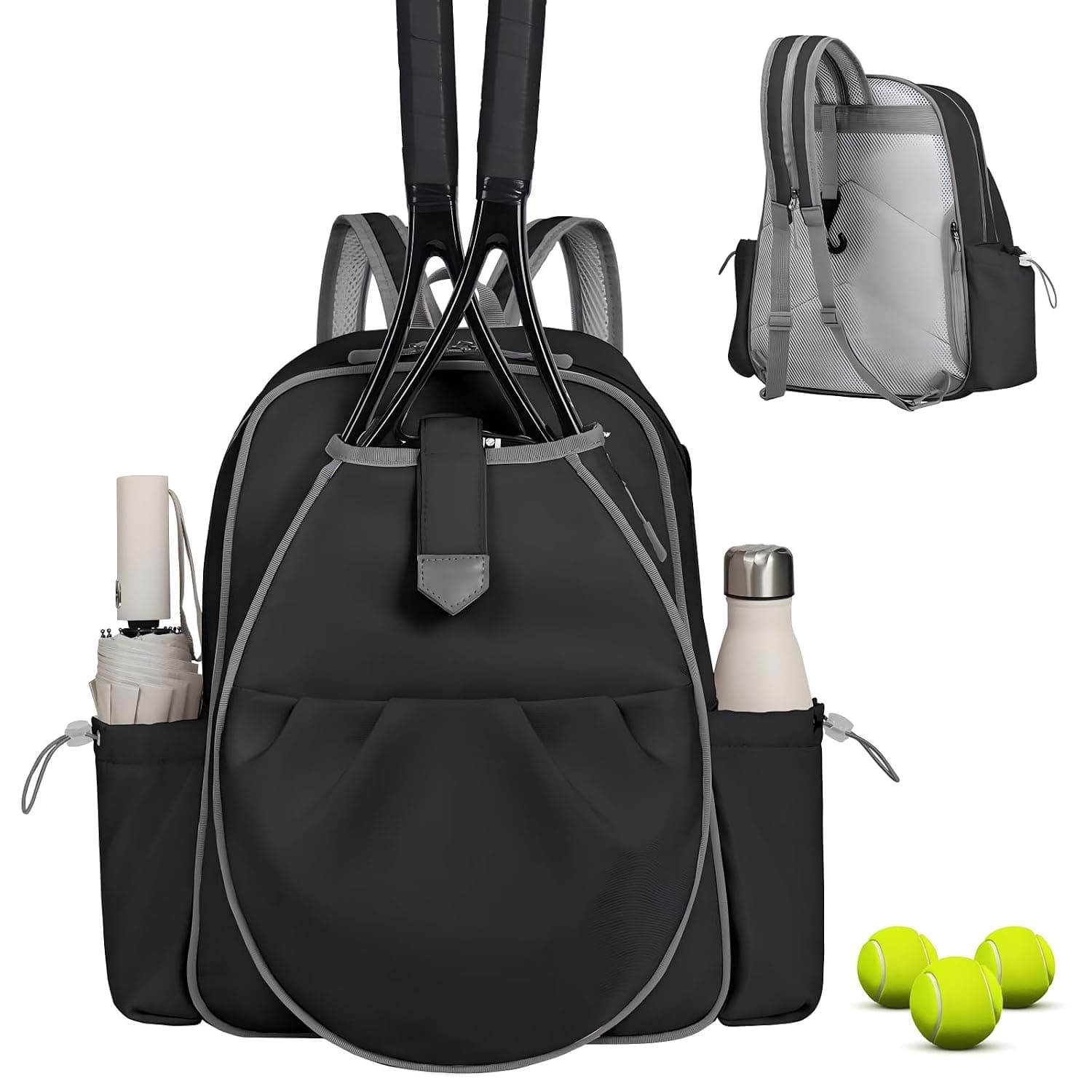 Tennis Racket Bag Backpack for Women & Men, Waterproof Sports Crossbody Sling Shoulder Bag Holds 2 Rackets & Gear(Black)