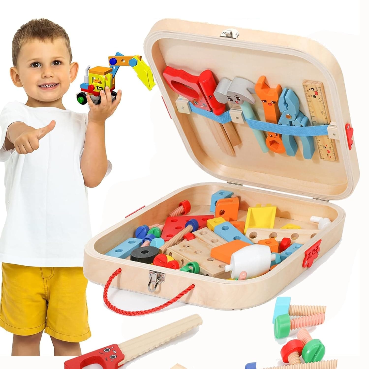 Andanna Gifts for 3 Year Old Boys Girls ,Wooden Toddler Tools Set Include Tool Box, Building Toys Montessori Toys for 3 4 5 6 Year Old, Construction Toys for Toddlers (52 Pcs)