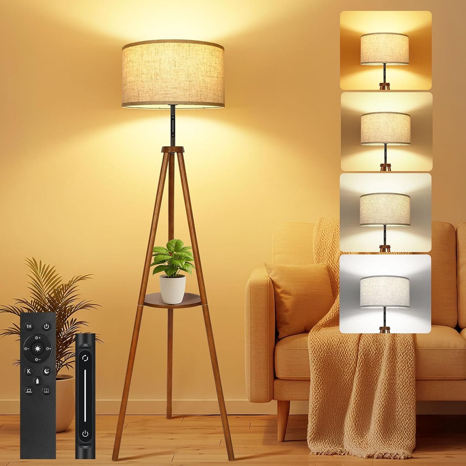 OUTON Dimmable Wooden Tripod Floor Lamp with Shelf, Remote & Touch Control