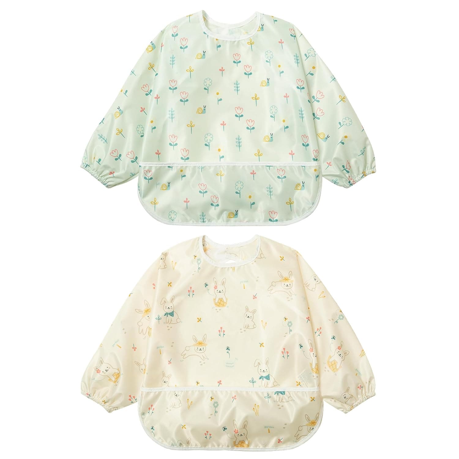 Little Dimsum Long Sleeves Toddler Weaning Bibs |Sleeved Baby Waterproof Feeding Coverall Set | Catching Food & Wipe Clean 6-36 Months(rabbit&snail)