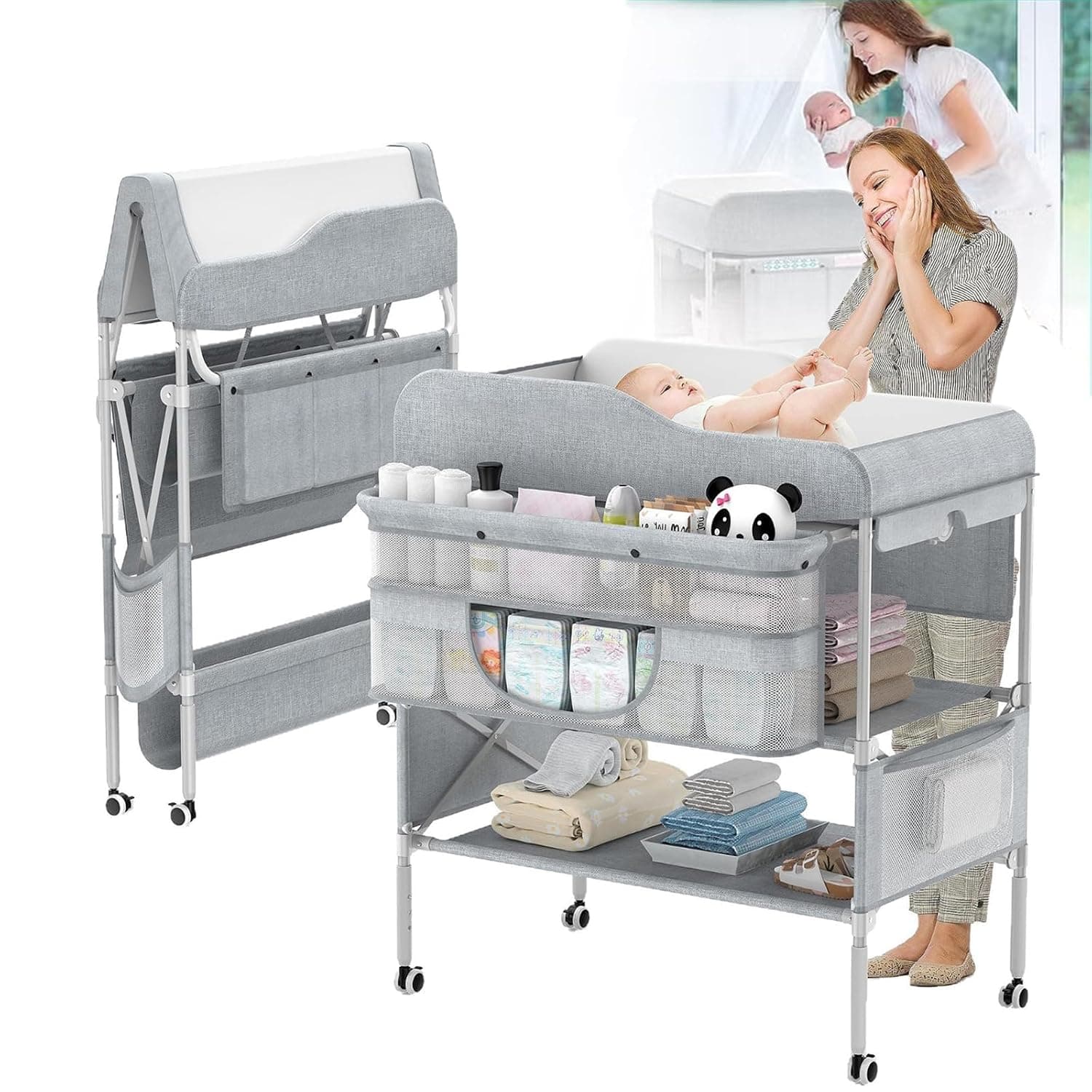 Portable Baby Changing Table, Foldable Infant Changing Station with Wheels,Waterproof Nursery Organizer for Newborns,Babies Dresser Changing Table with Large Storage Rack,3 Adjustable Height (Grey)