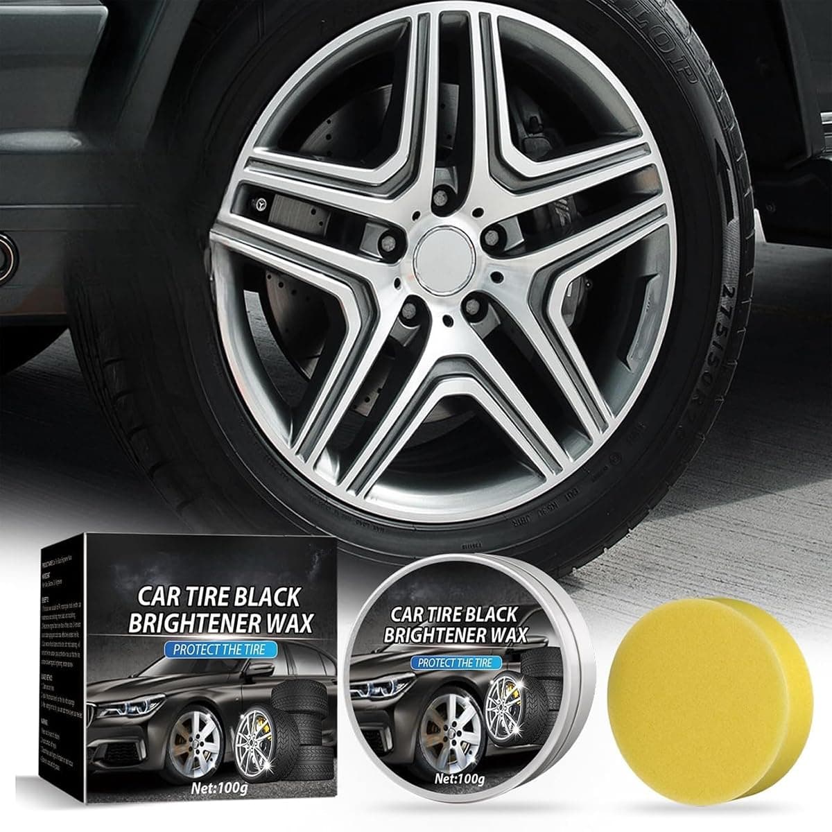 ALMEKAQUZ Car Tyre Care Wax,Wheel Care Wax,Tyre Cleaner and Polisher,UV-protected with Applicator Sponge for Removing Dirt,Rust and Stains,Restoring and Enhancing Tyre Shine
