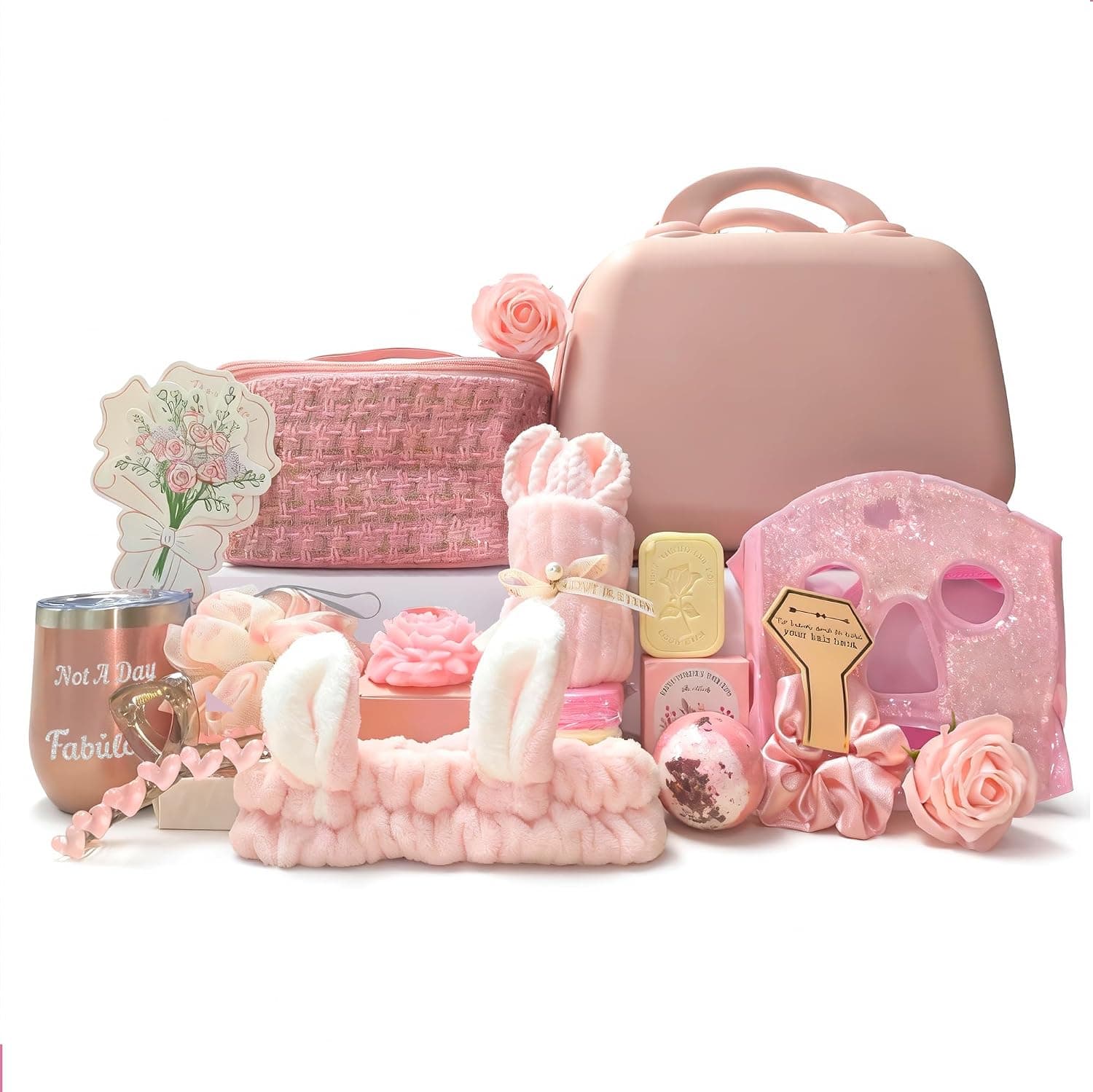 17 Pcs Luxury Women Care Gift Basket - Comes with Mini Luggage, Cosmetic Bag, Essential Oil Soap - Ideal Self Care Gifts for Her (Mom, Wife, Grandma)