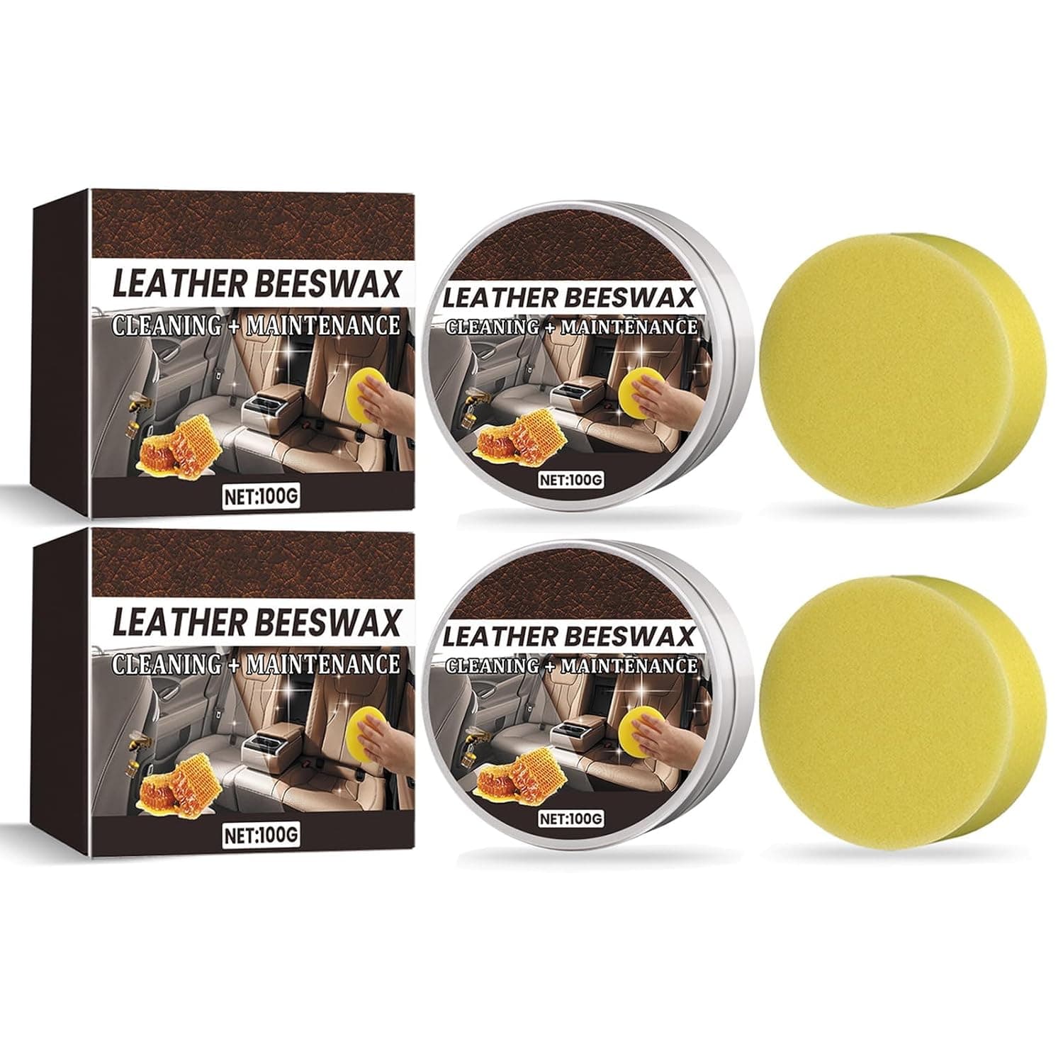 2 Pack Beeswax Leather Conditioner Cleaner, Car Leather Care for Seats and Interior, Cream Formula for Couches, Shoes, Purses, with Sponge
