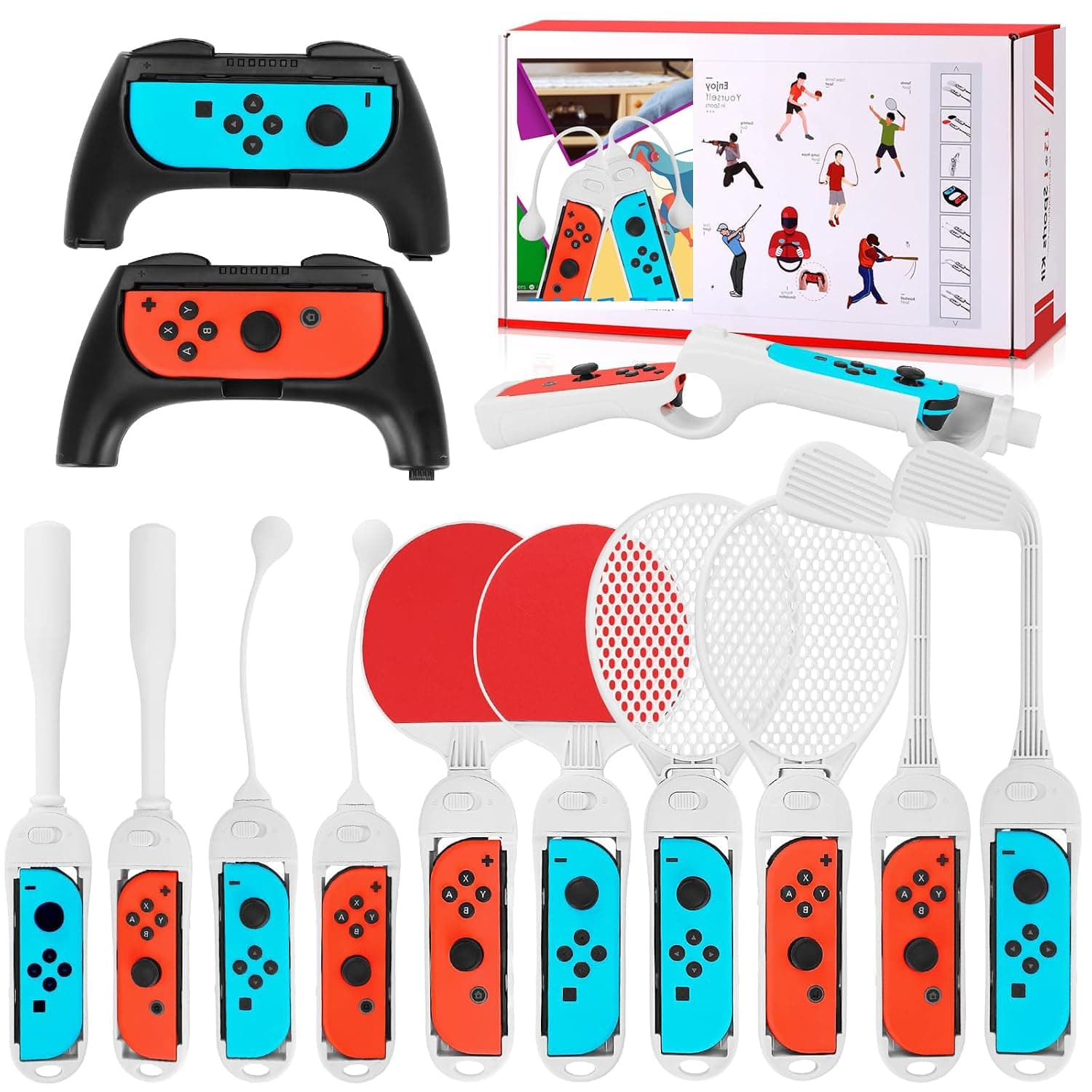 13-in-1 Sports Accessories Bundle for Nintendo Switch, Comprehensive Switch Sports Set with JoyCon Grips, Tennis Rackets, Golf Clubs, and More