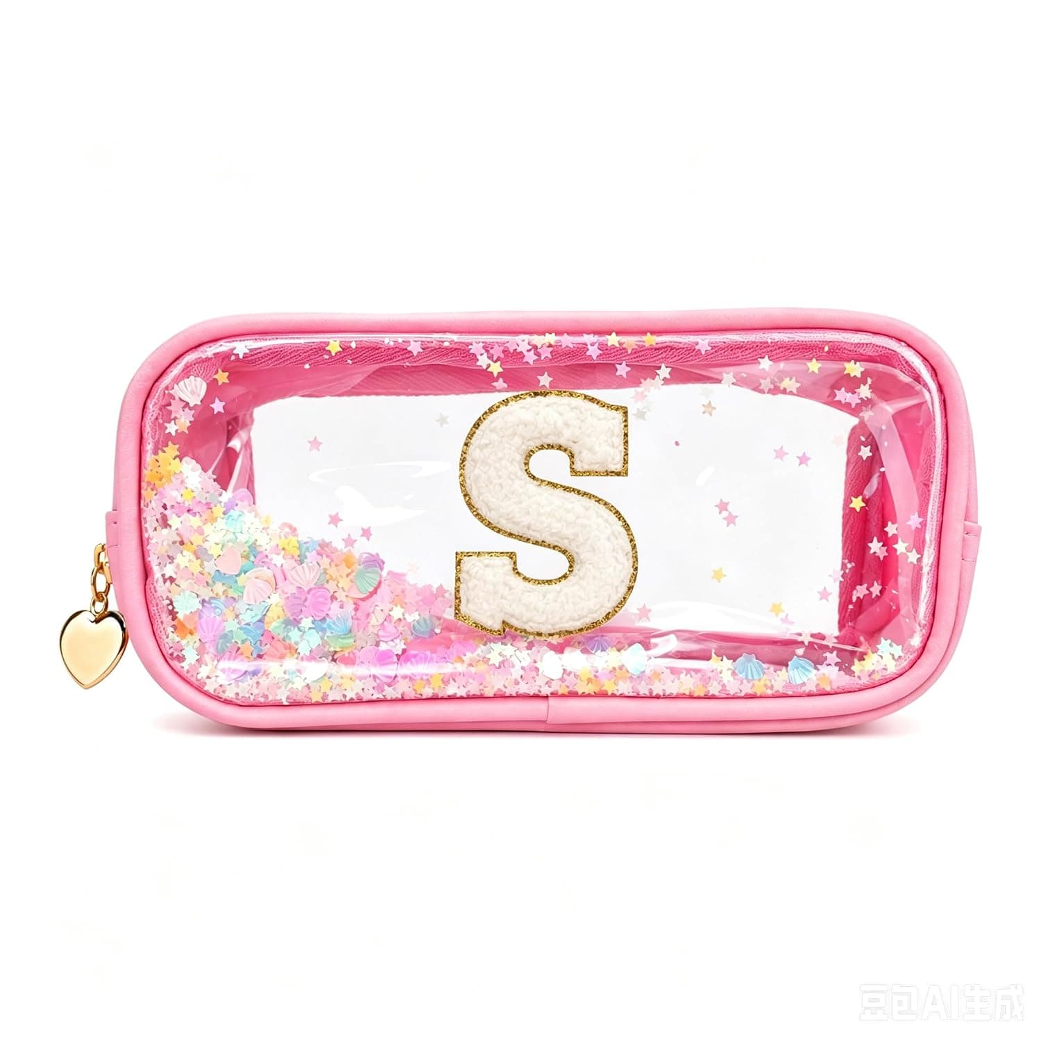 The 26 Letters Clear Pink Pencil Case for Girls, Small Cute Transparent Pencil Case with A-Z Initial Design for School & Office, Portable Exam Zipper Pouch for Students, Teens & Women, S, S