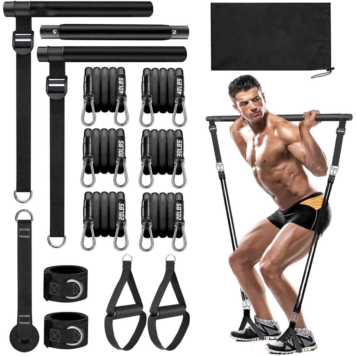Resistance Bands Set, 180LBS Pilates Bar Kit with Resistance Stretch Band Handles Door Anchor Ankle Leg Strap Multifunctional Yoga Pilate Equipment with Resistance Band Bar Home Gym